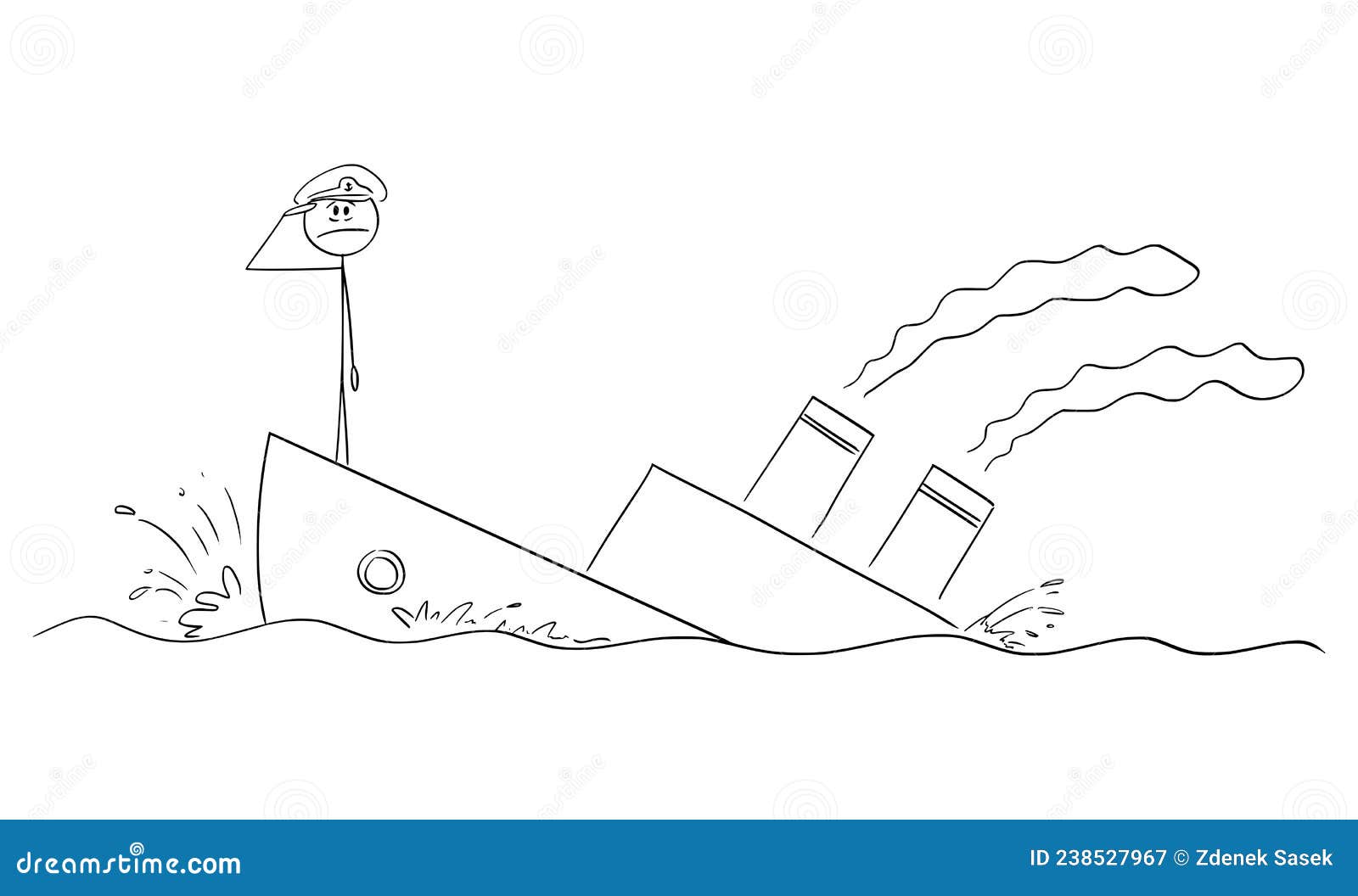 captain of the sinking ship or boat saluting,  cartoon stick figure 