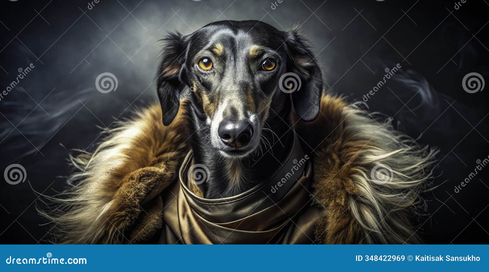 a long exposure studio portrait of a canine model in dark fashion: ai-generated dramatic lighting