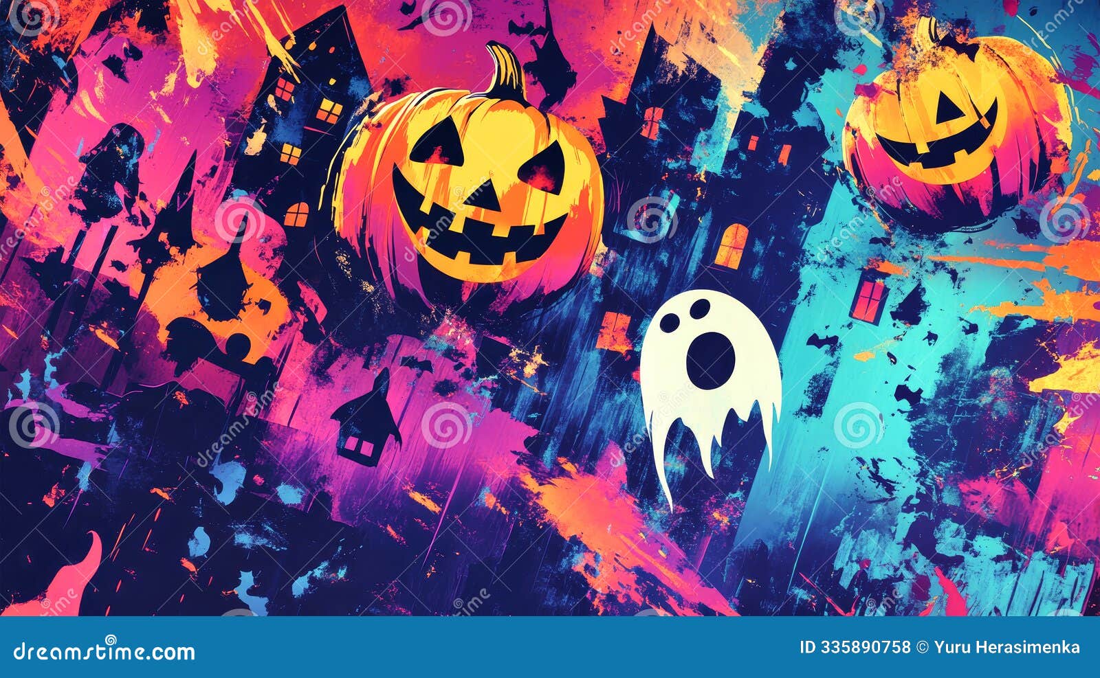 a captivating blend of halloween icons like pumpkins and ghosts amidst energetic colors and textures, perfect for festive