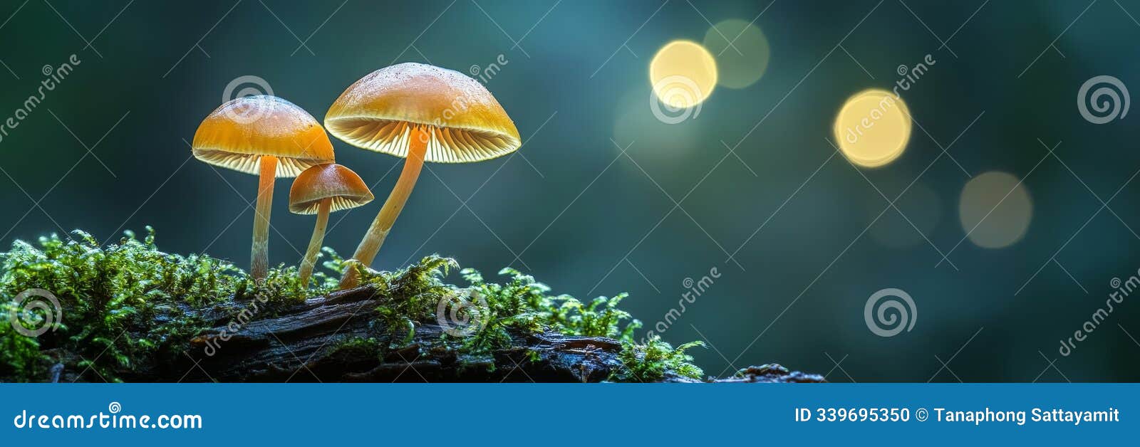 a captivating closeup photo of three delicate mushrooms growing in a lush forest setting illuminated by soft ethereal light