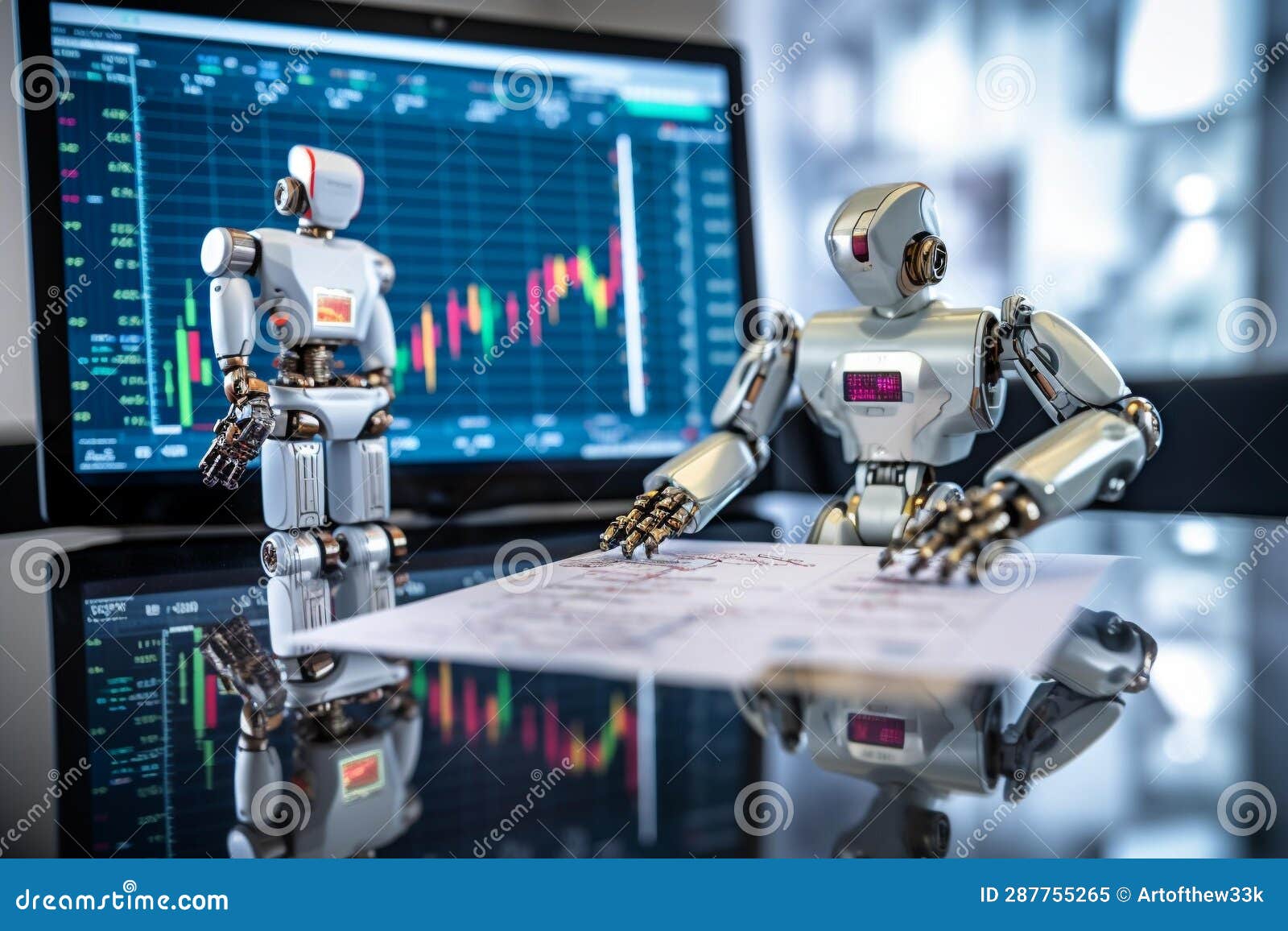 ai-powered robots analyzing dynamic stock market charts on marble table