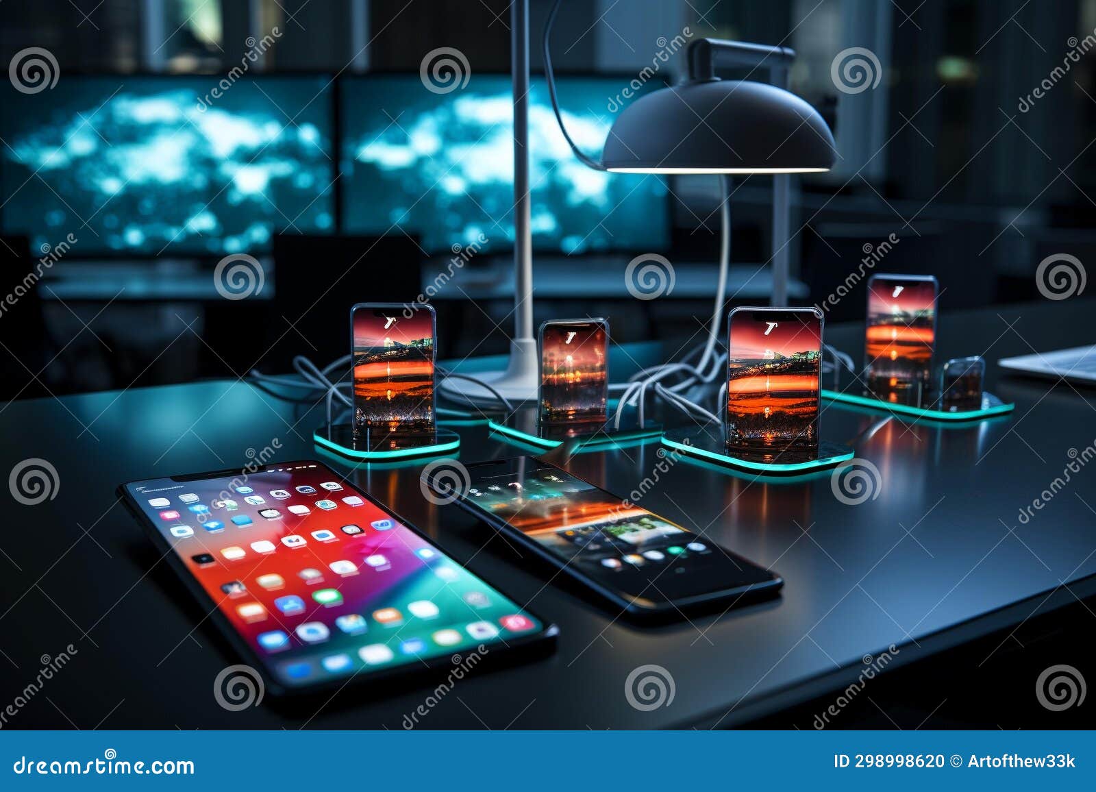 connected tech: vibrant mobile screens on sleek black glass
