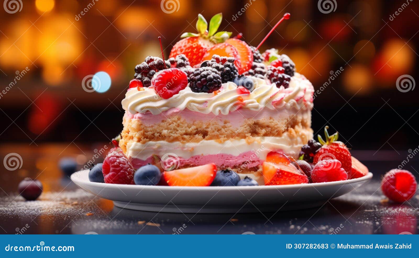 close up shot of a fruit cake on fancy table,