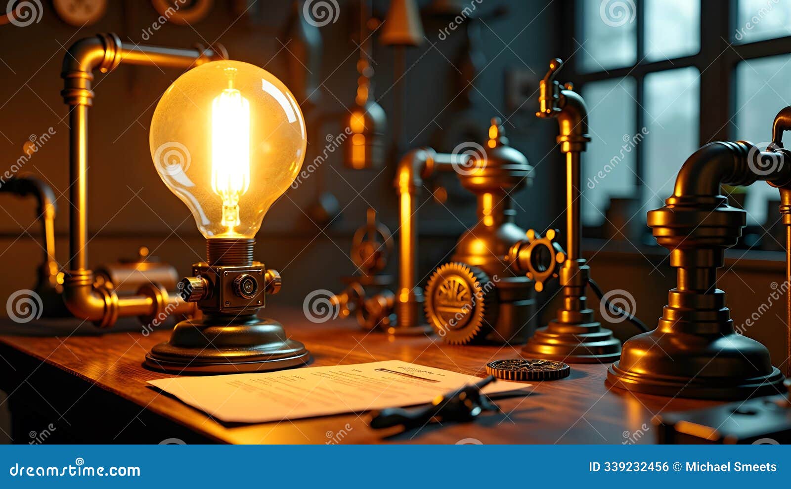 steampunk-inspired workshop with vintage industrial lighting