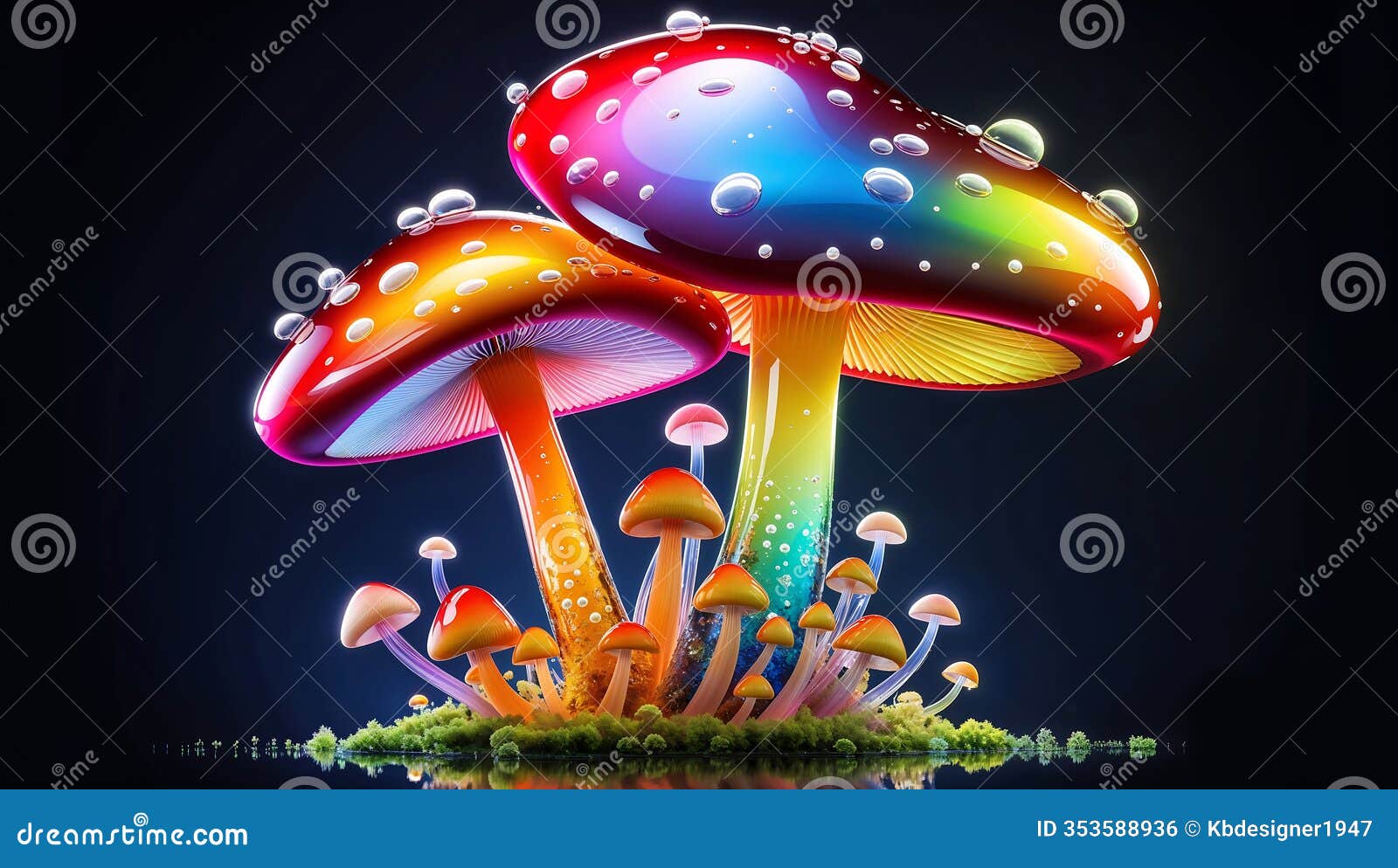 vibrant glass-like mushrooms in enchanting scene