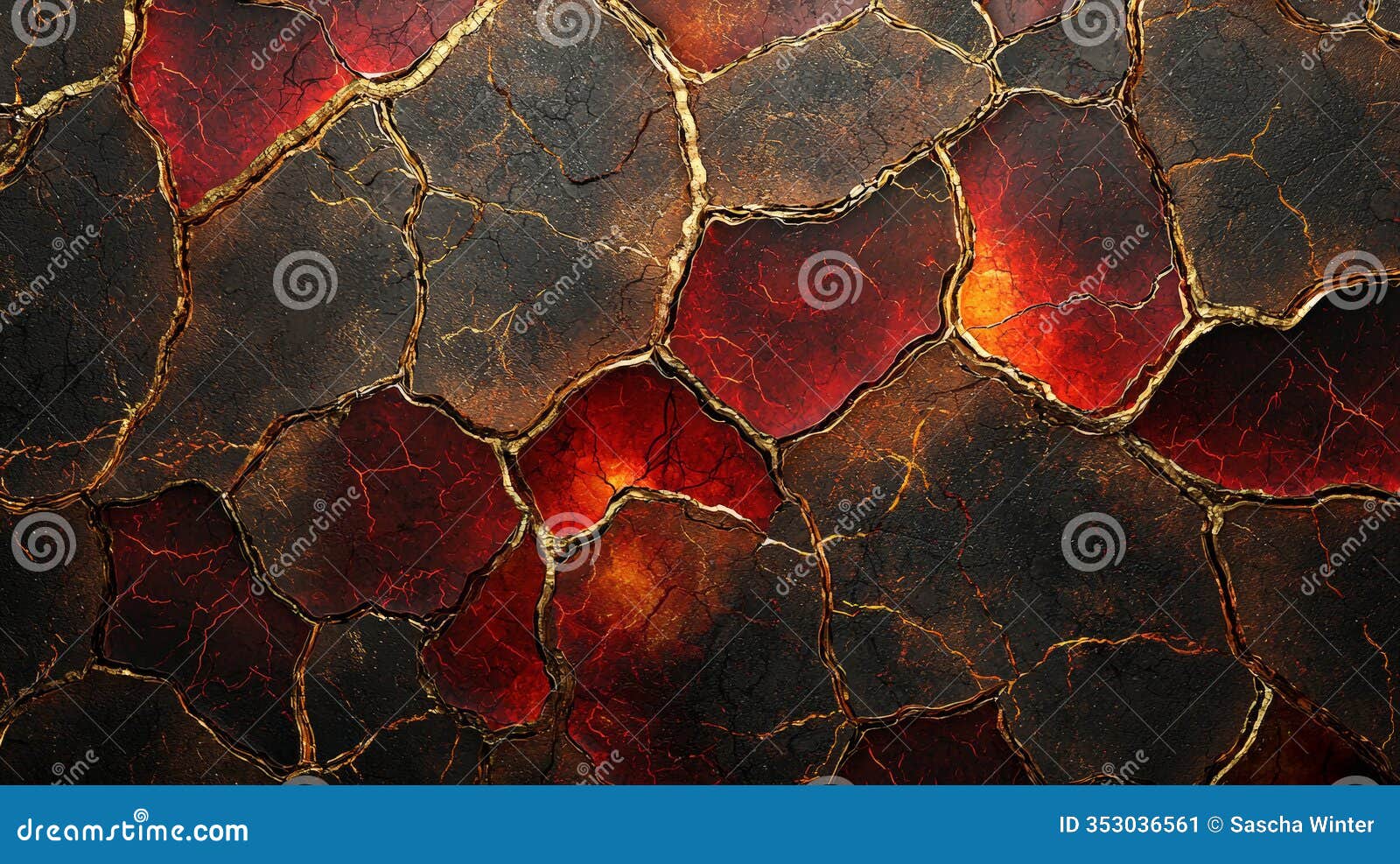 a captivating digital artwork showcasing an intricate pattern of red and gold cracks, reminiscent of glowing lava veins.