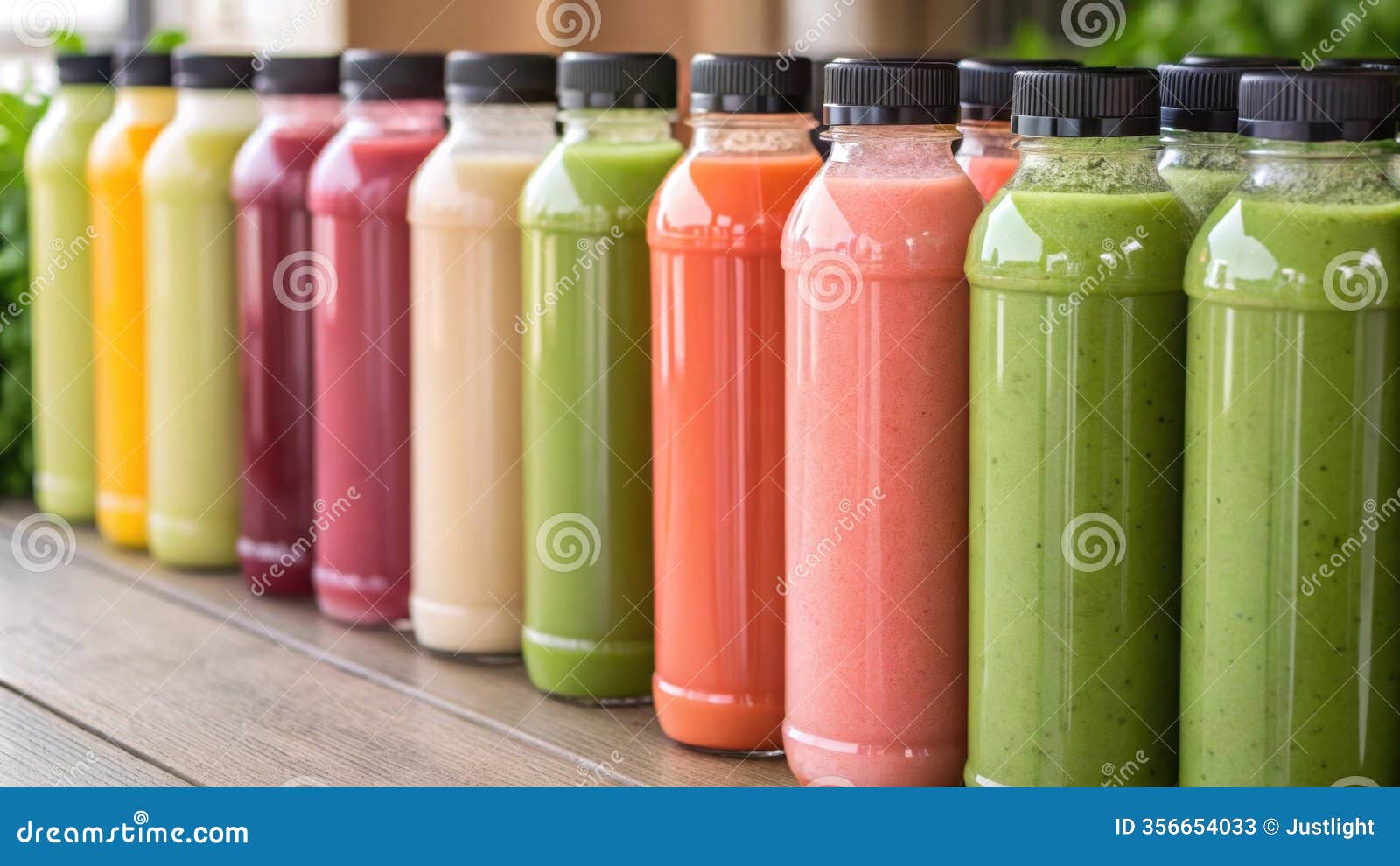 a captivating display of coldpressed juice bottles meticulously aligned from soft pastel pinks to vivid emerald greens