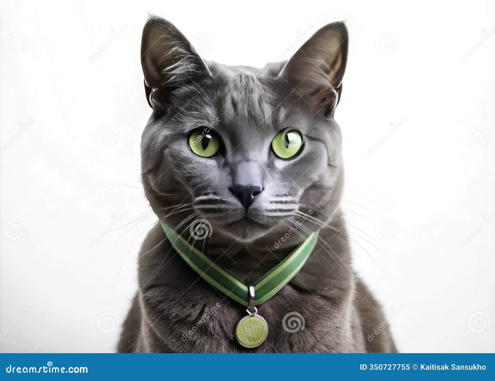 regal gray cat with green eyes captured by drone a stunning pet portrait with medal and collar