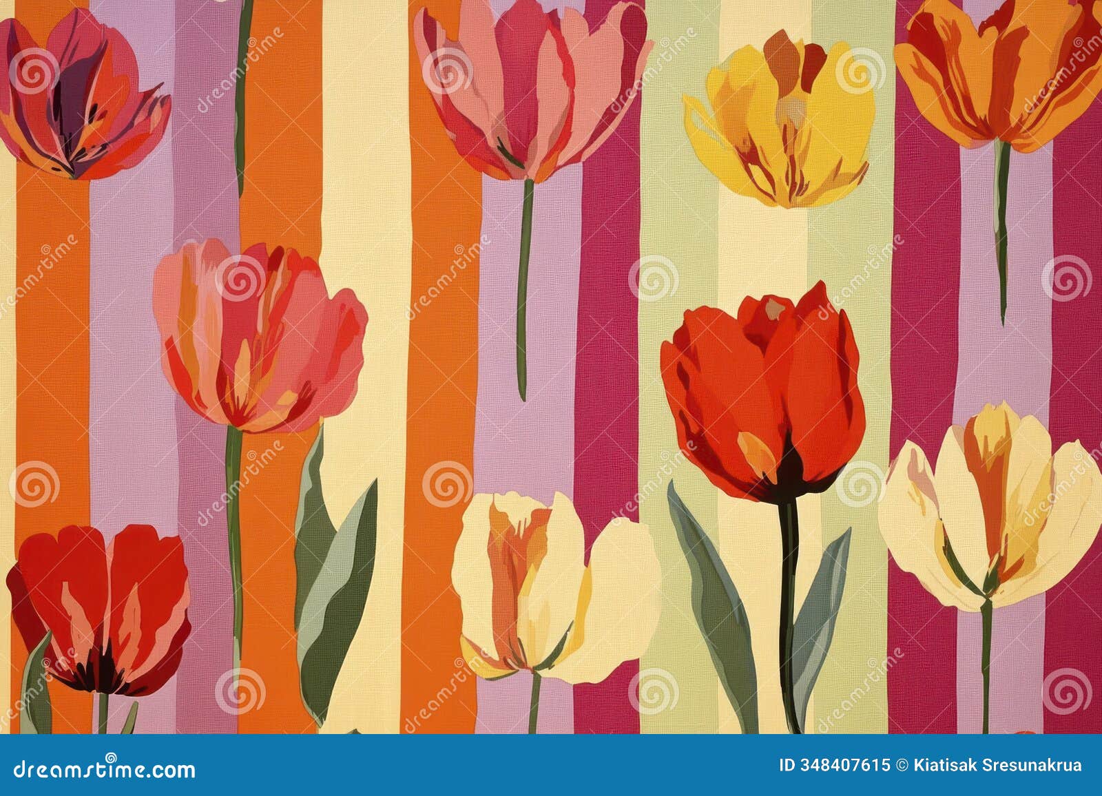 bold tulip pattern, stripes, bright colors, floral.