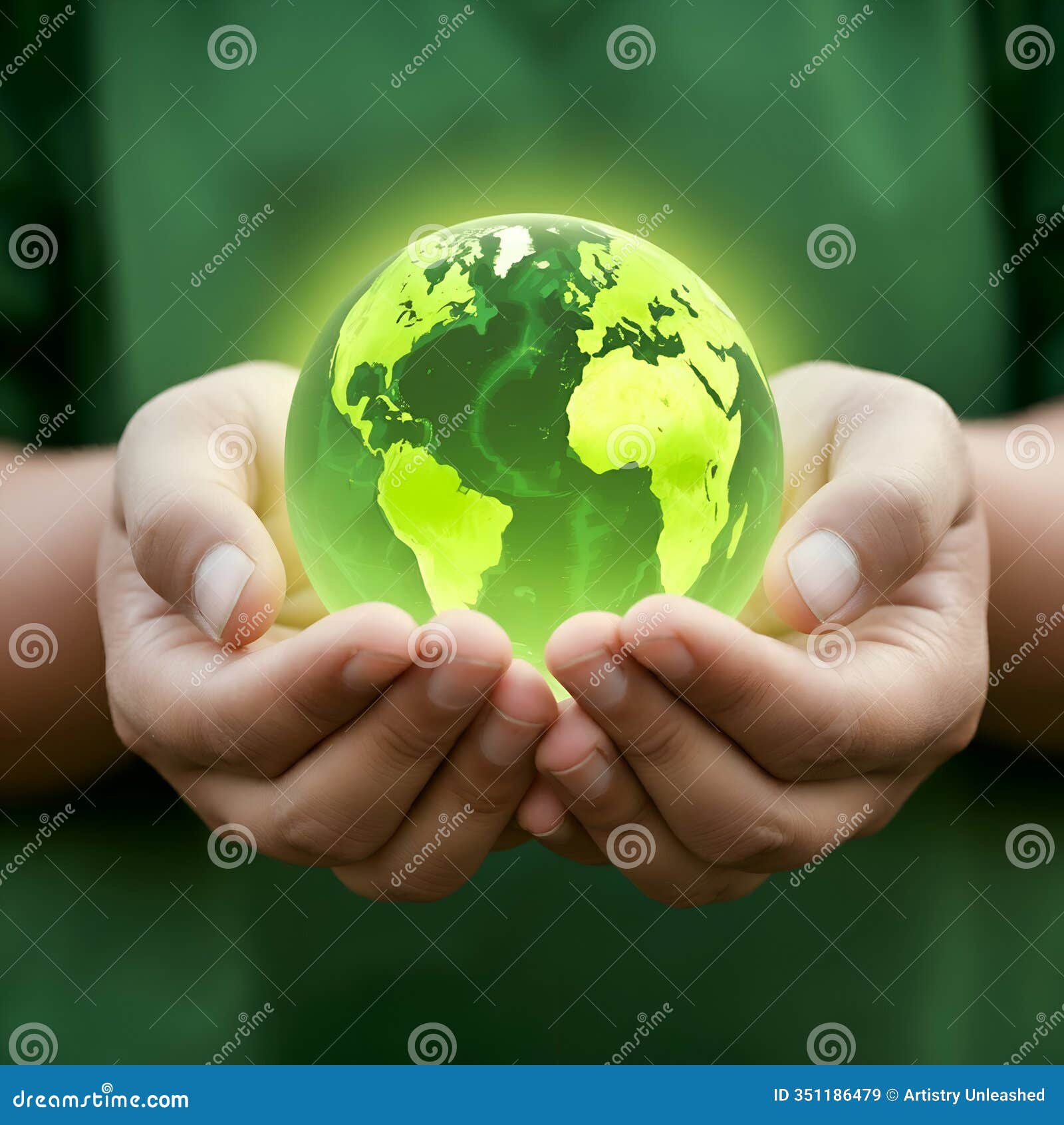 a glowing green globe of earth held gently in two hands