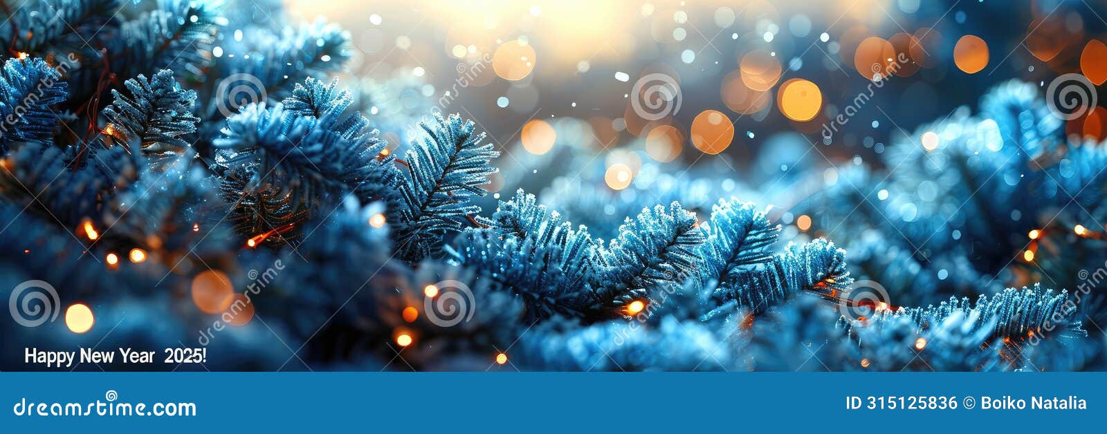 blue christmas tree branches with lights bokeh background for festive winter holiday season decor