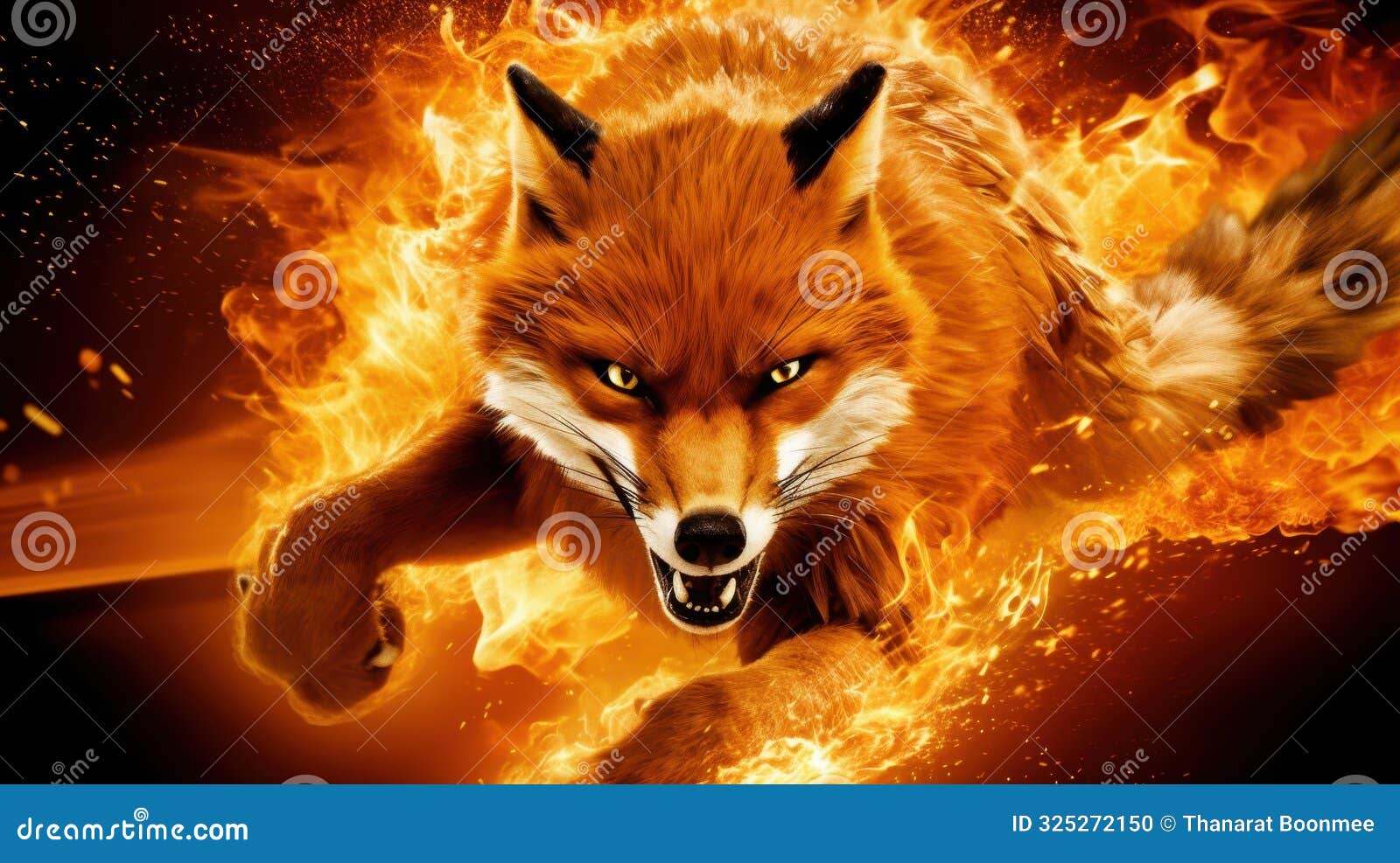 captivating image of a fox racing through flames, portraying agility and speed in a dynamic fiery setting