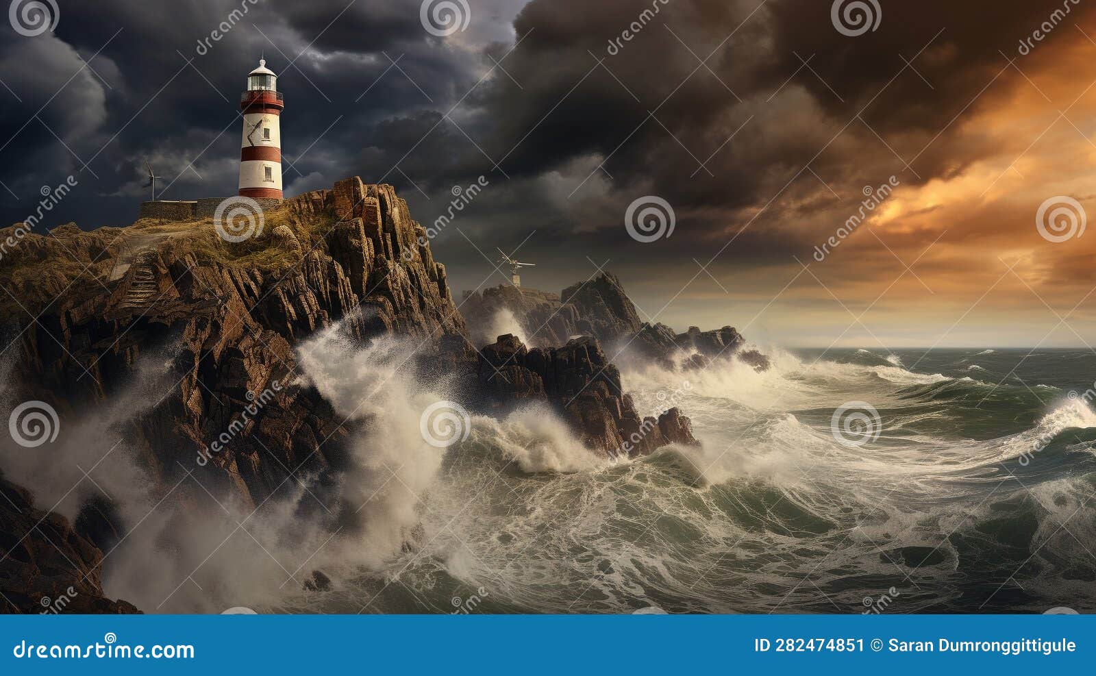 An old lighthouse stands tall on a rocky cliff amidst a raging sea under a stormy sky. A captivating image of an old, weather-beaten lighthouse standing guard on a rocky cliff, against a dramatic stormy sky. The raging sea beneath and the churning dark clouds above add a sense of tension and drama, contrasted by the solitary steadfastness of the lighthouse. Ideal for themes related to resilience, guidance, or turbulent times. This is an AI-generated image.