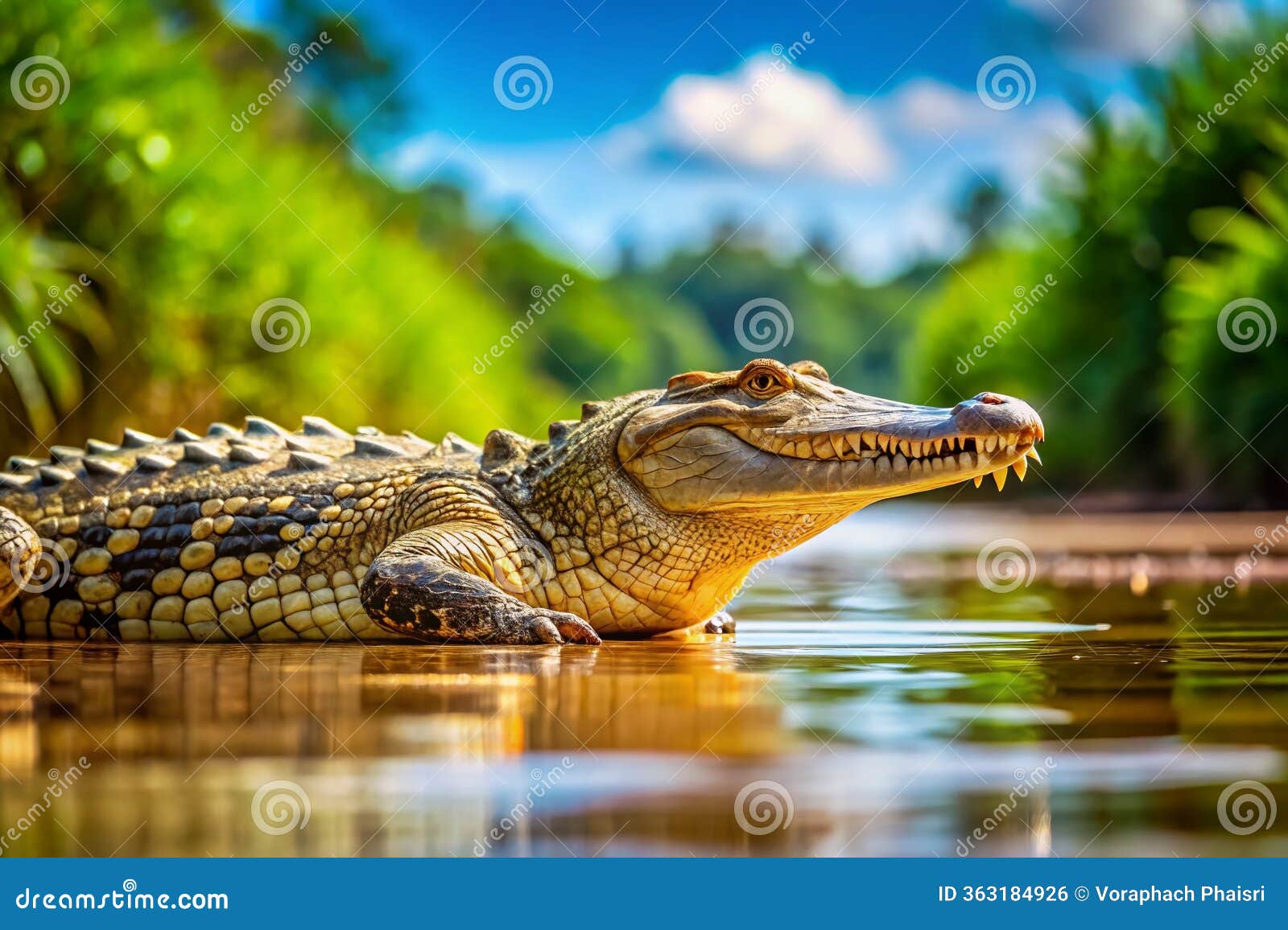 spectacular closeup of a mexican crocodile on a riverbank a majestic reptile basking in the sun captured in