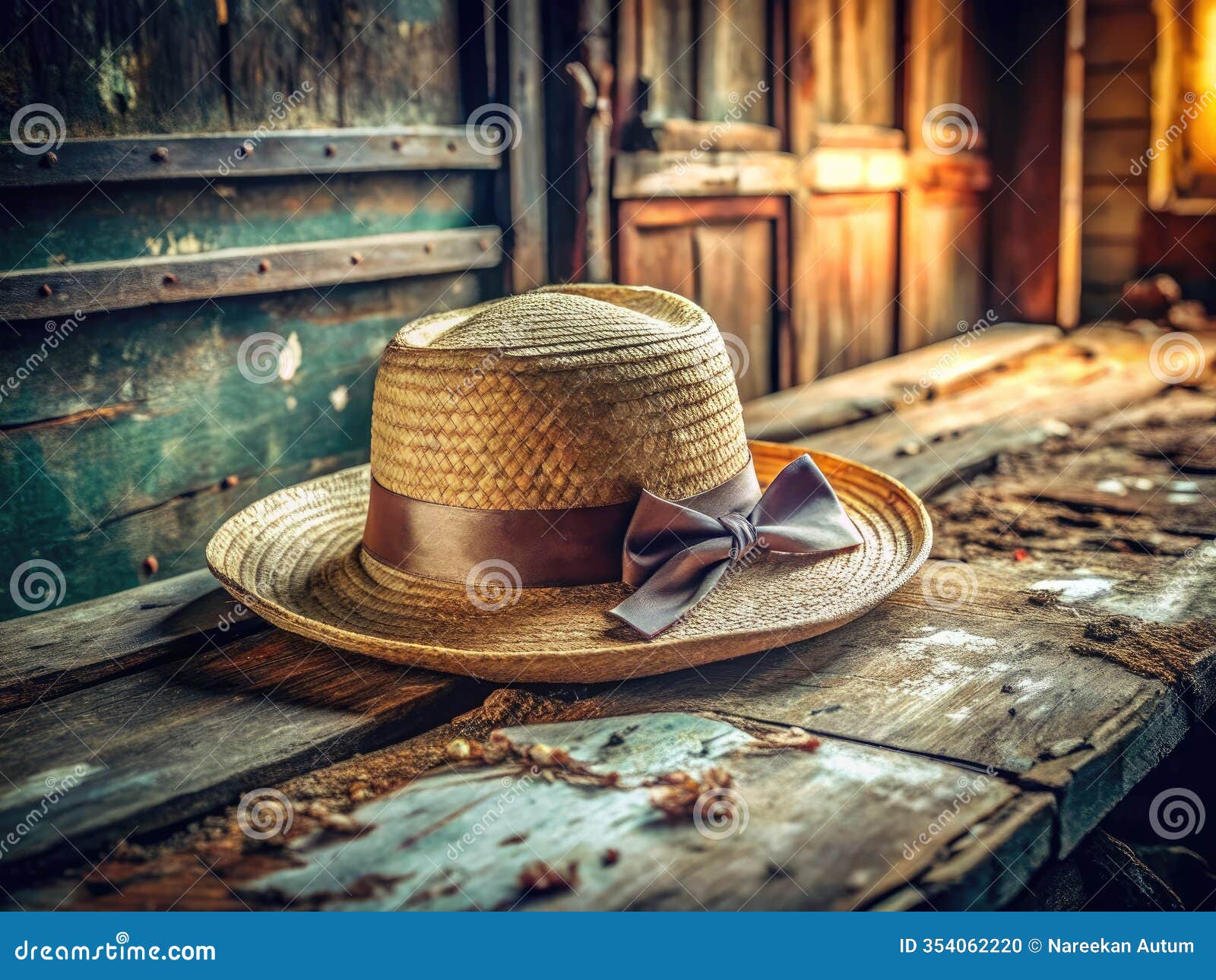 a vintage straw canotier hat adorned with white ribbon sits on weathered wood in a grungy abandoned building