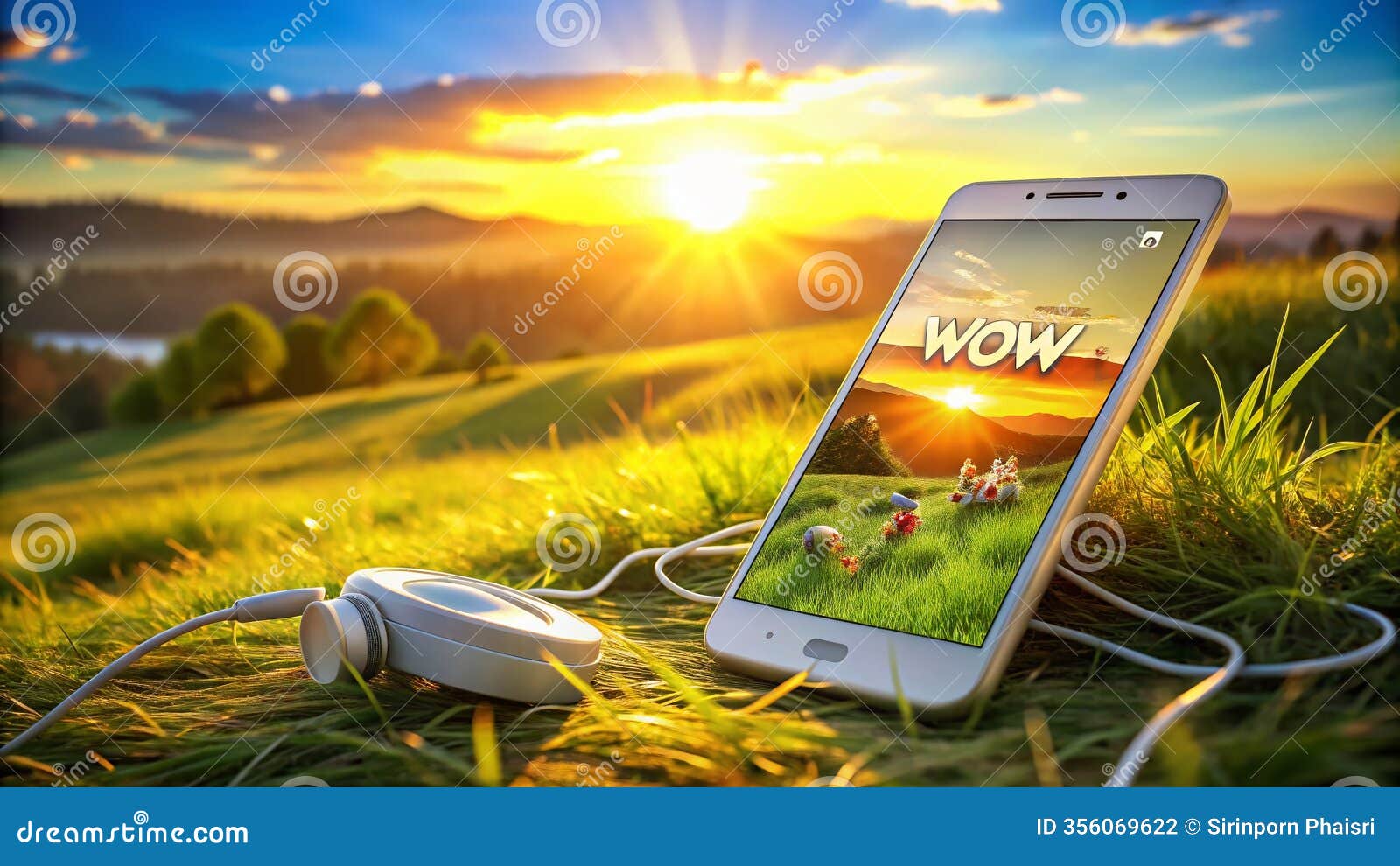 captivating landscape view enhanced by a smartphone displaying a dynamic wow animation and stylish headphones a