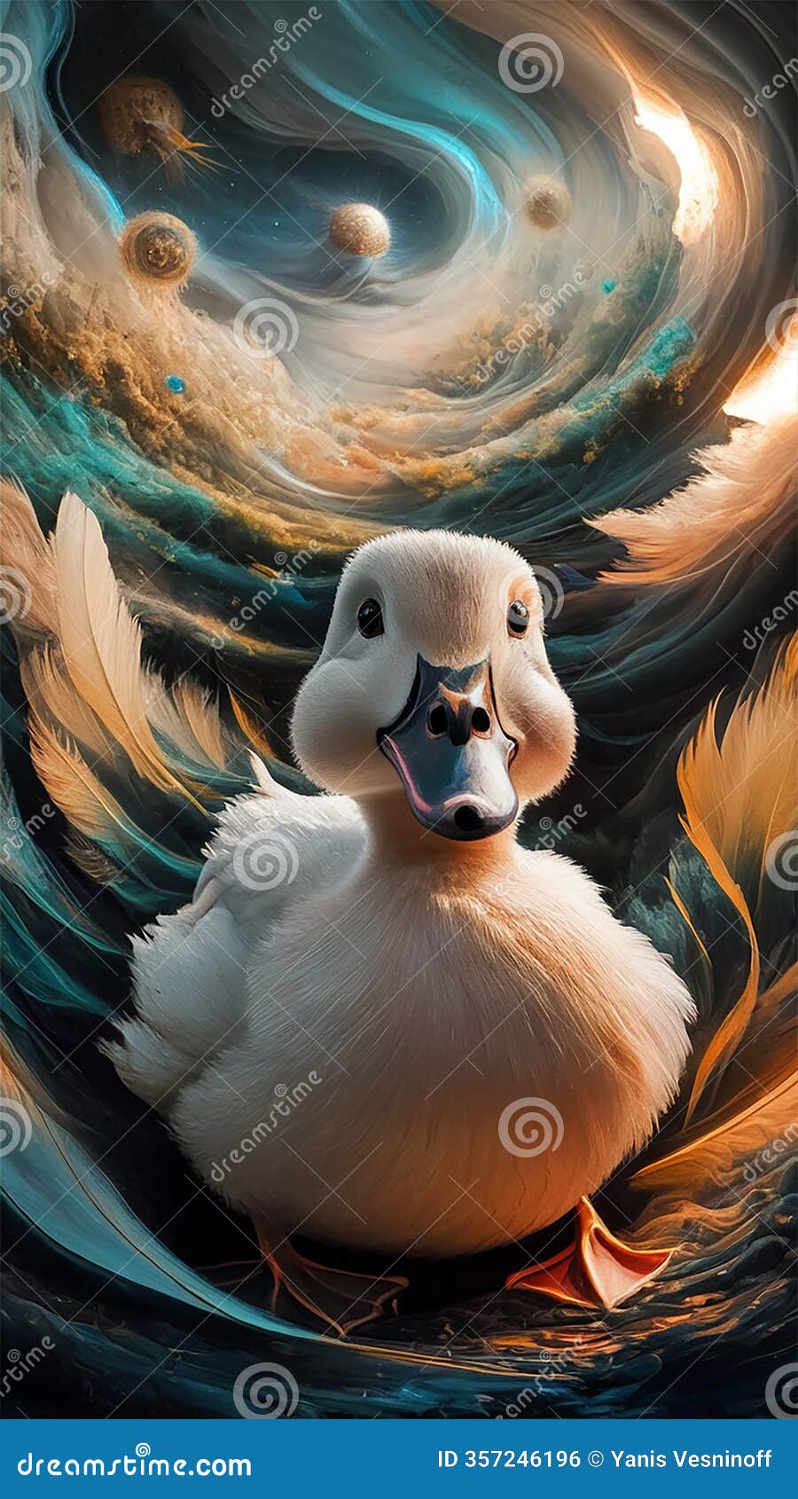 a captivating oil impasto painting that portrays a cute white duck in the foreground
