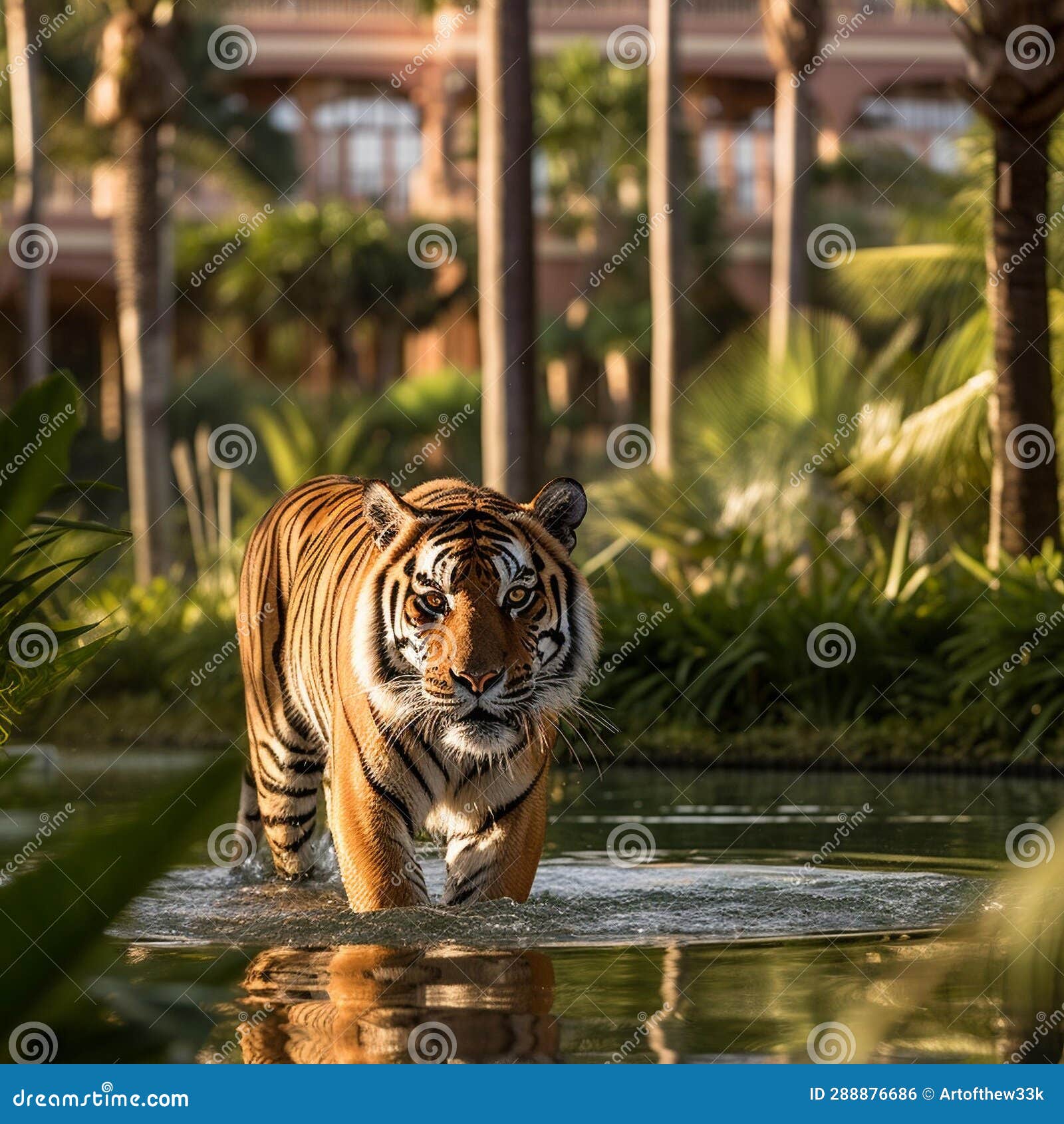 majestic bengal tiger roaming amidst luxurious tropical resort