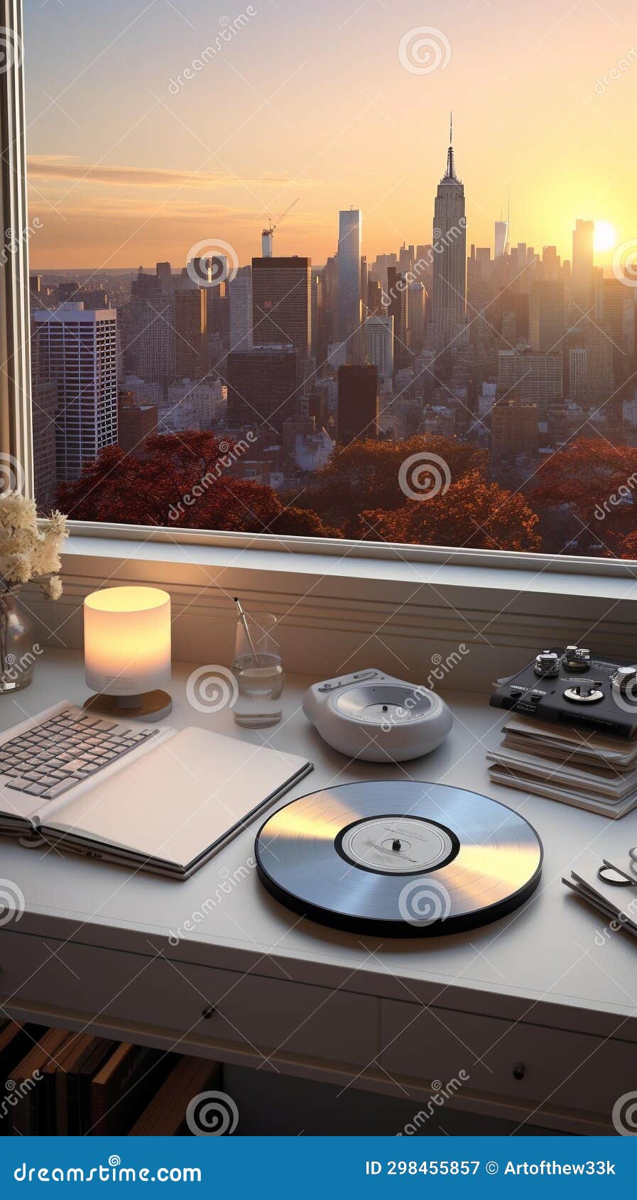 minimalist desk: serene cityscape, white marble, silver laptop, crumpled papers, fidget spinner, white noise