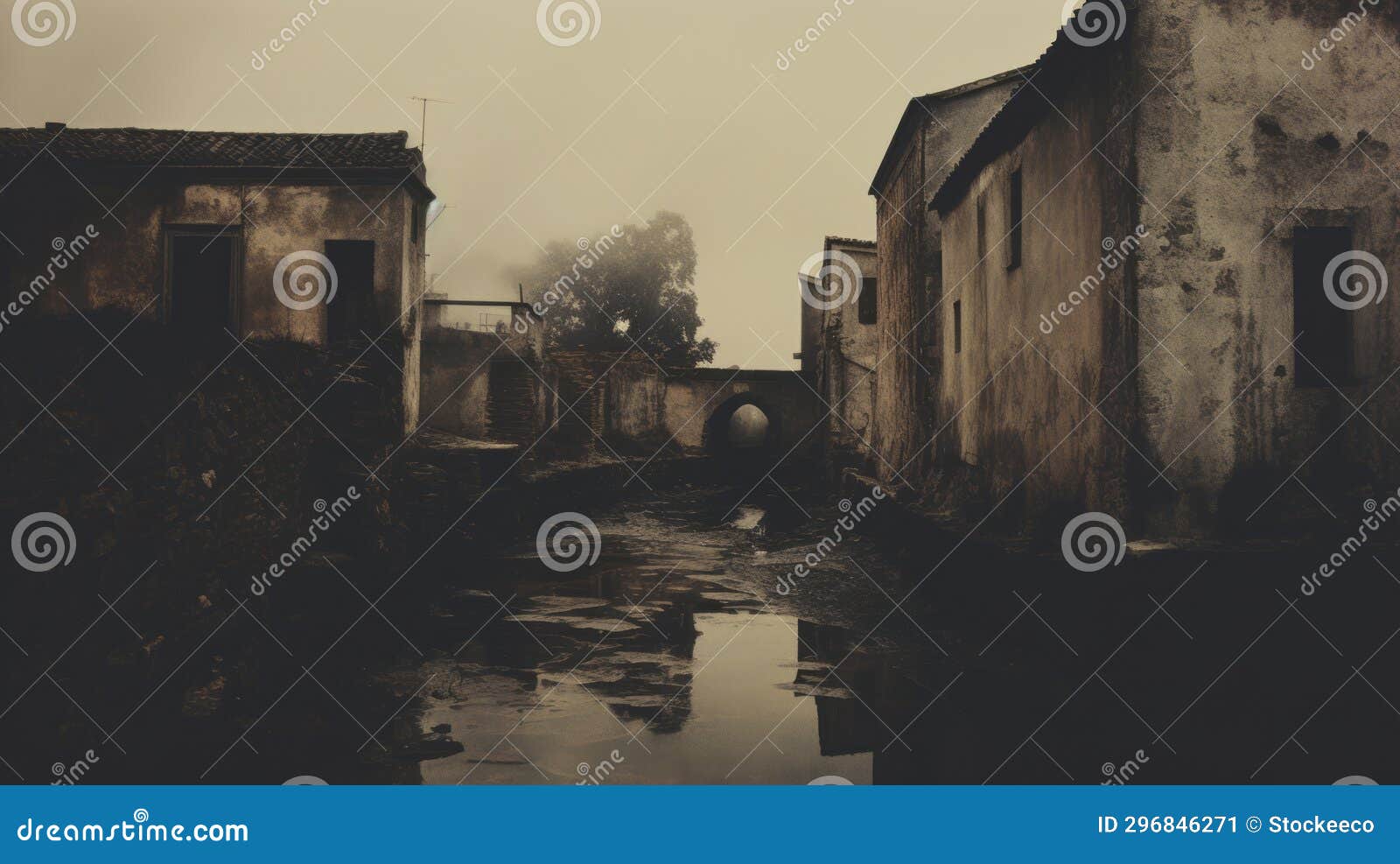 eerie polaroid: abandoned village street in translucent water style