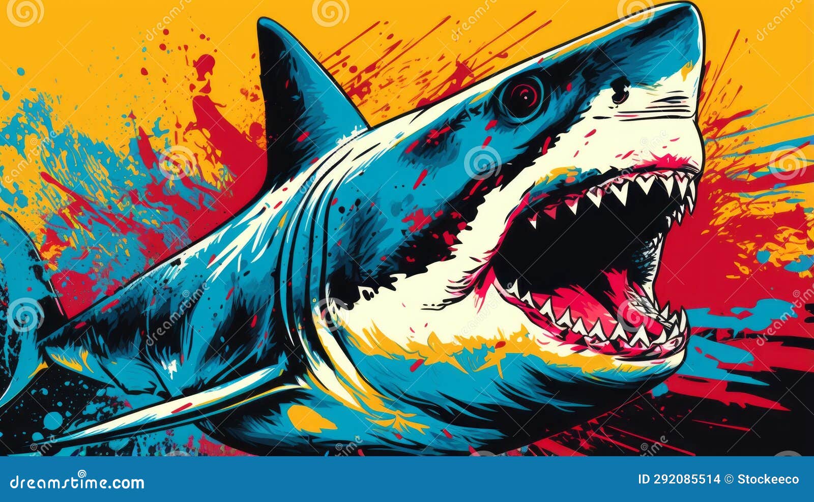 colorful shark splatter painting in butcher billy pop art style