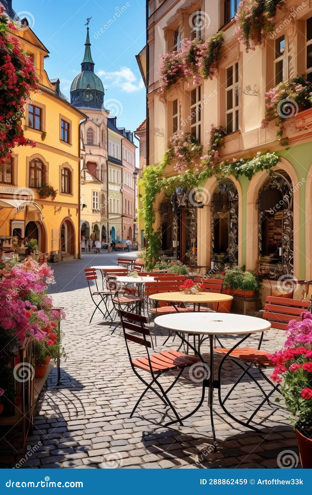 charming european street cafe in vibrant town square