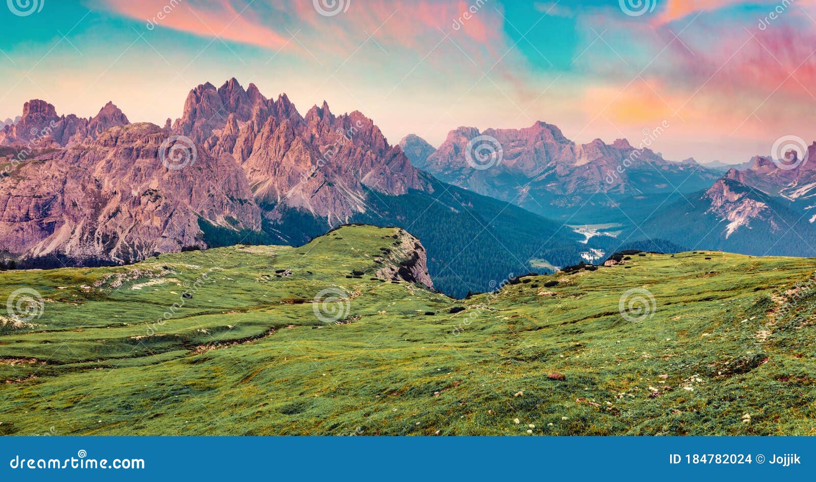 captivating summer sunrise in national park tre cime di lavaredo with cadini di misurina range and sorapis group on background. fa