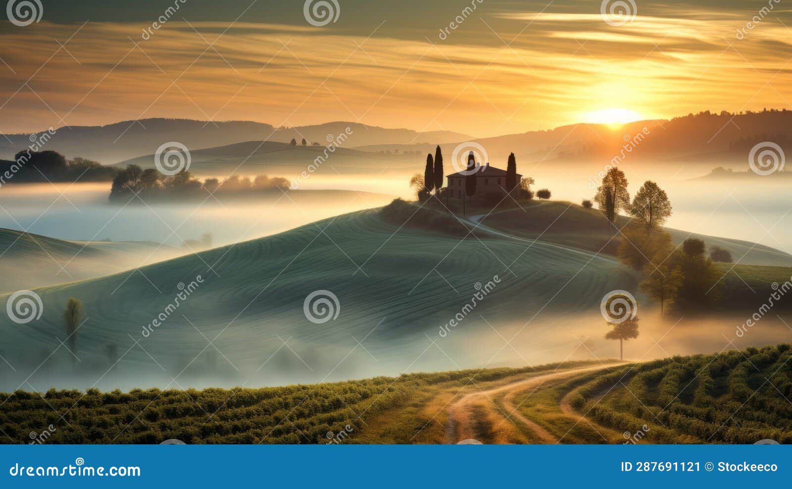 tuscany sunrise: dreamlike architecture and curvilinear landscape