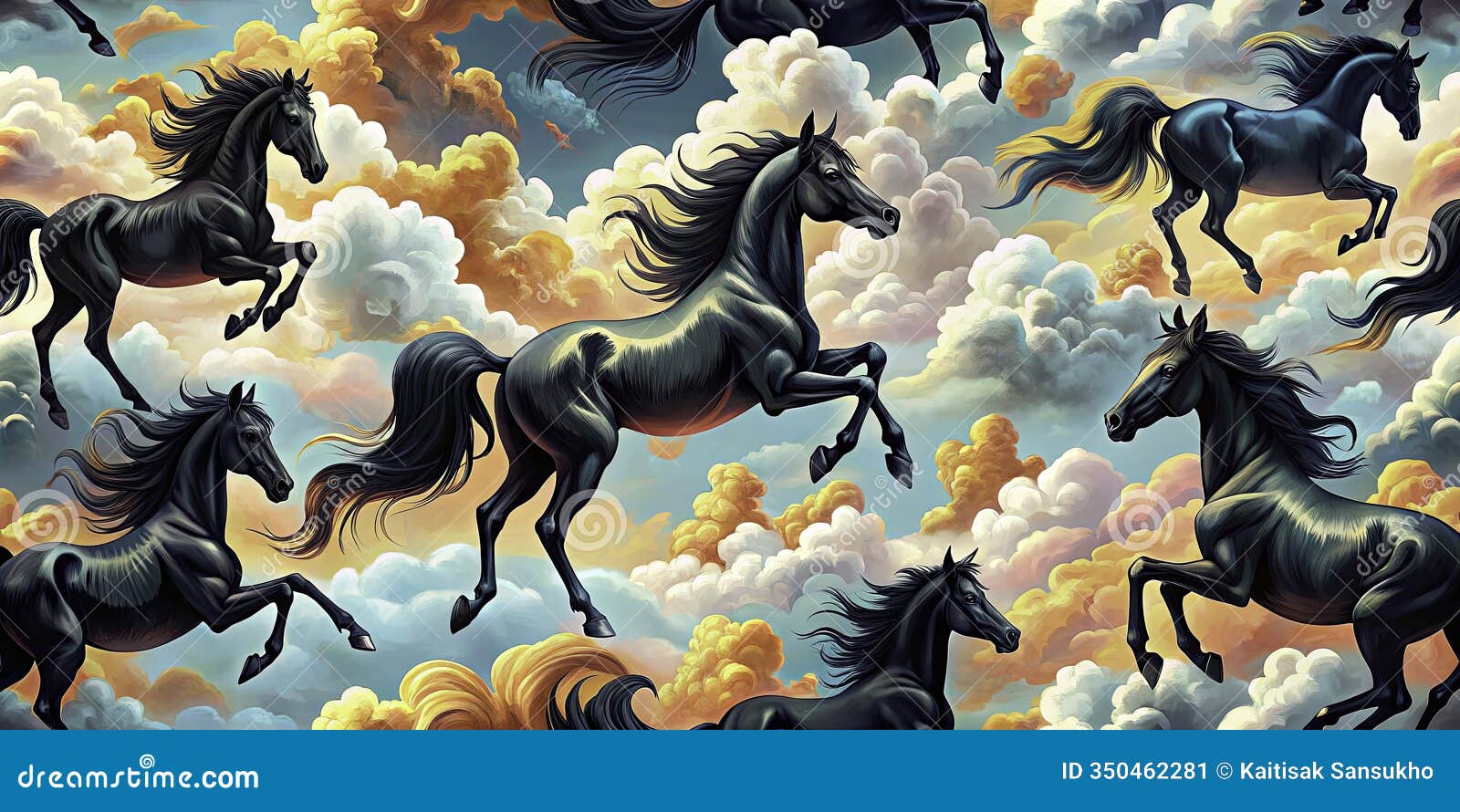 a captivating surreal seamless pattern featuring a rearing black horse ideal for unique textiles backgrounds and