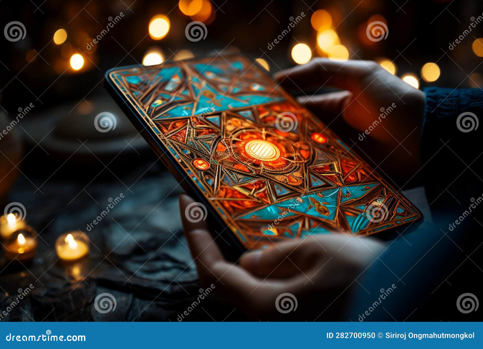 captivating tarot card reading: dark orange and turquoise with metallic rotation.