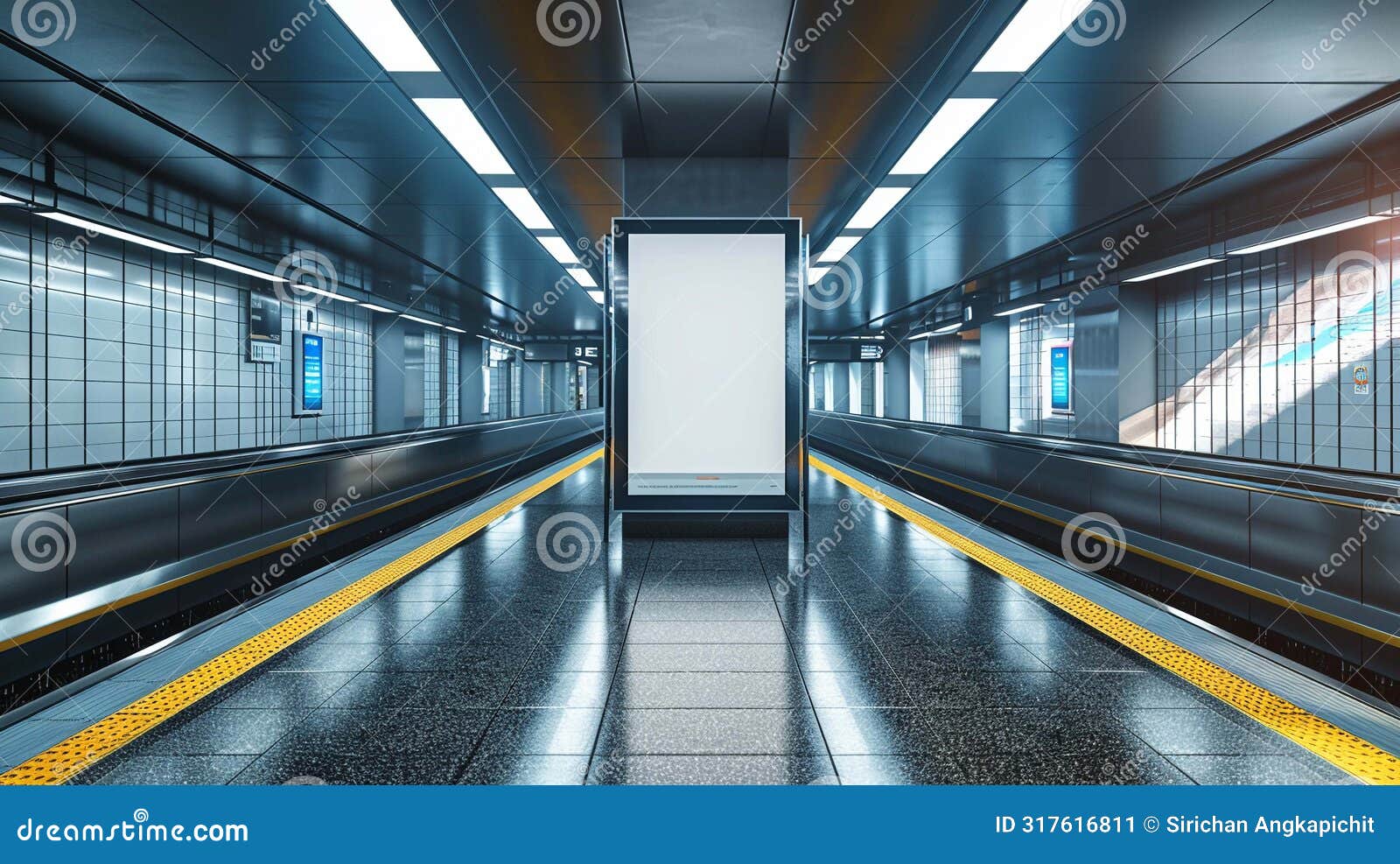 capture the attention of daily commuters with an empty poster mockup, strategically located on an escalator wall in a bustling