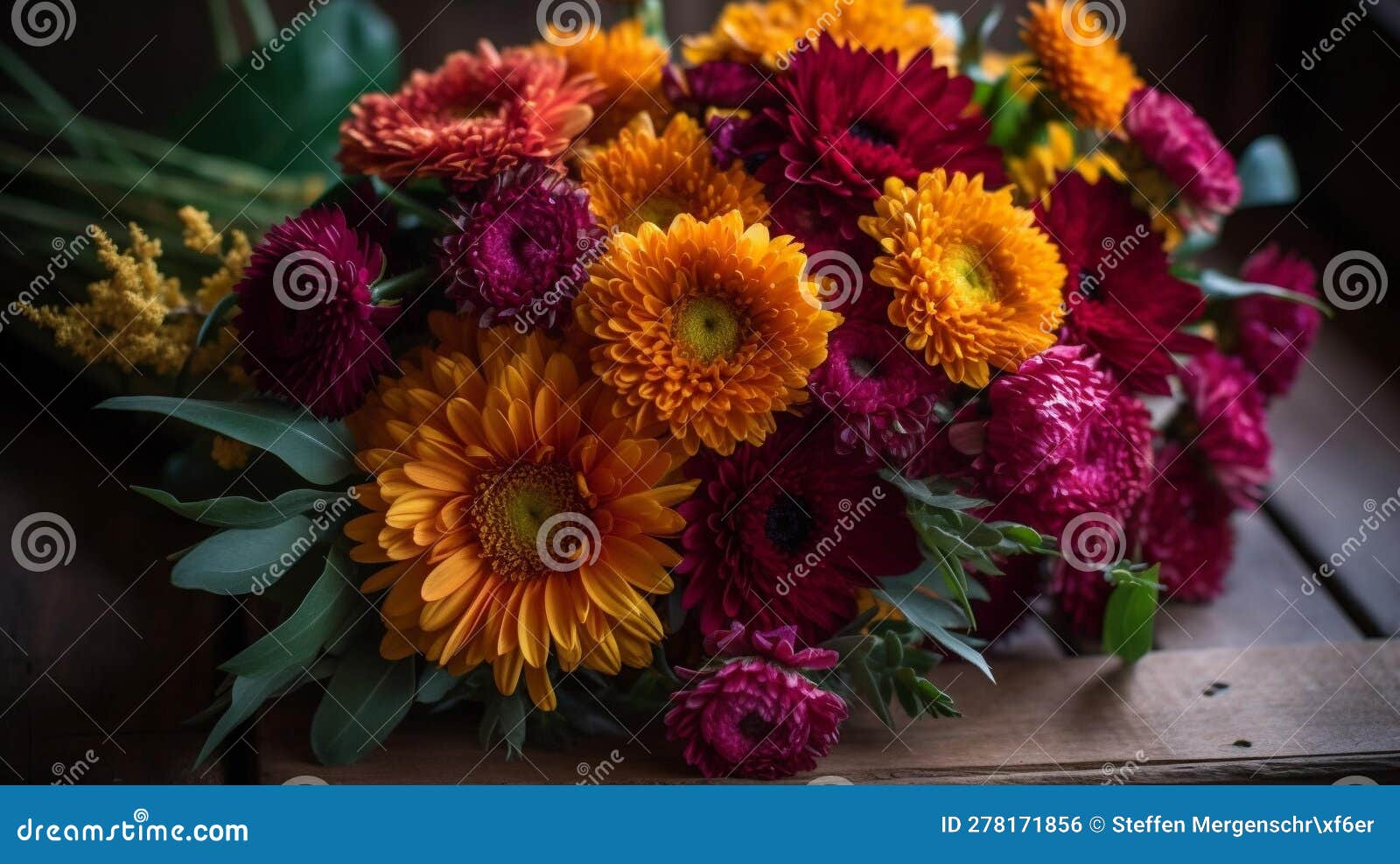 midday blooms: a colorful fall bouquet on rustic surface