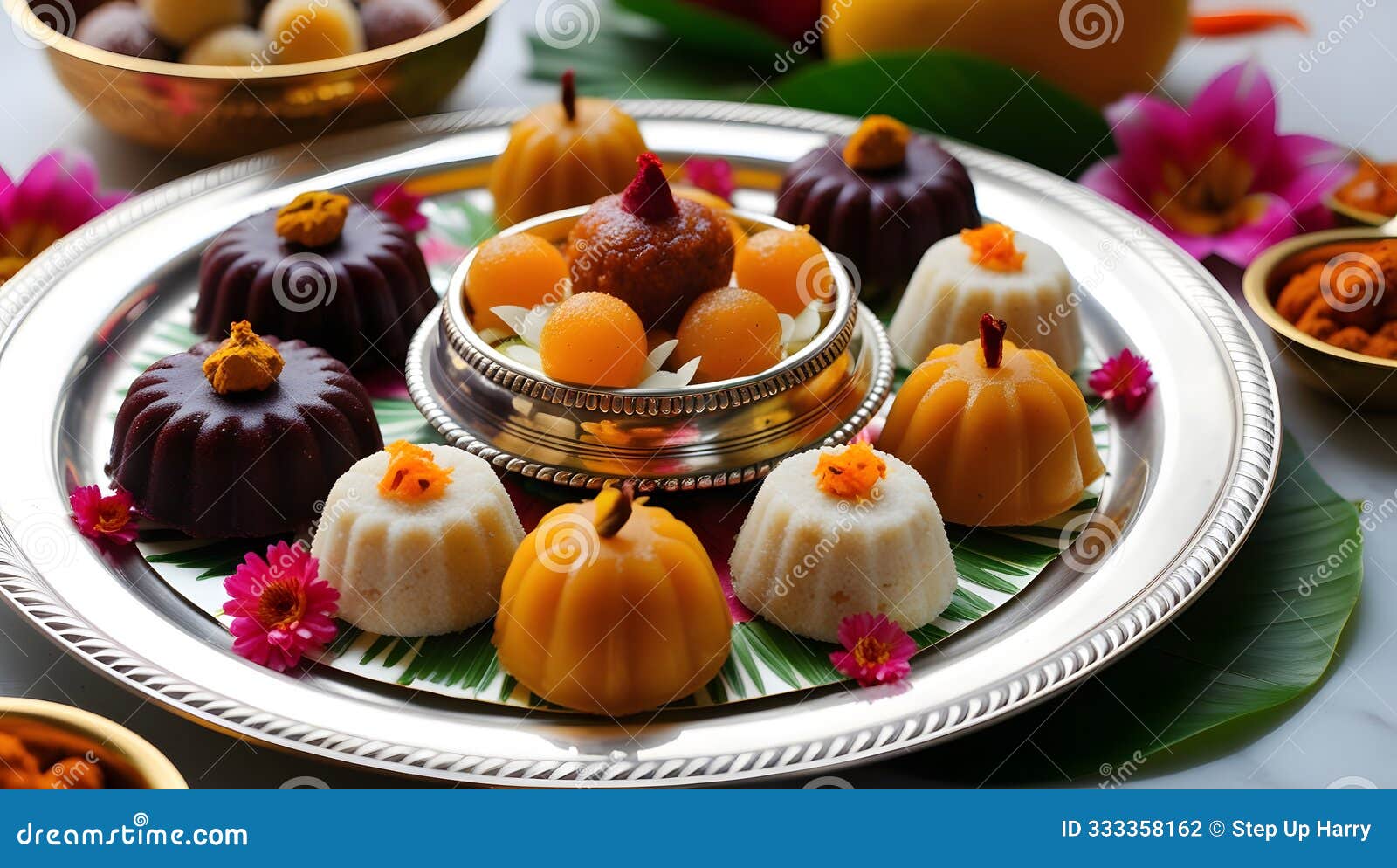 close-up of traditional ganesh chaturthi sweets: modaks, laddoos, and fruits on silver plate with floral decorations