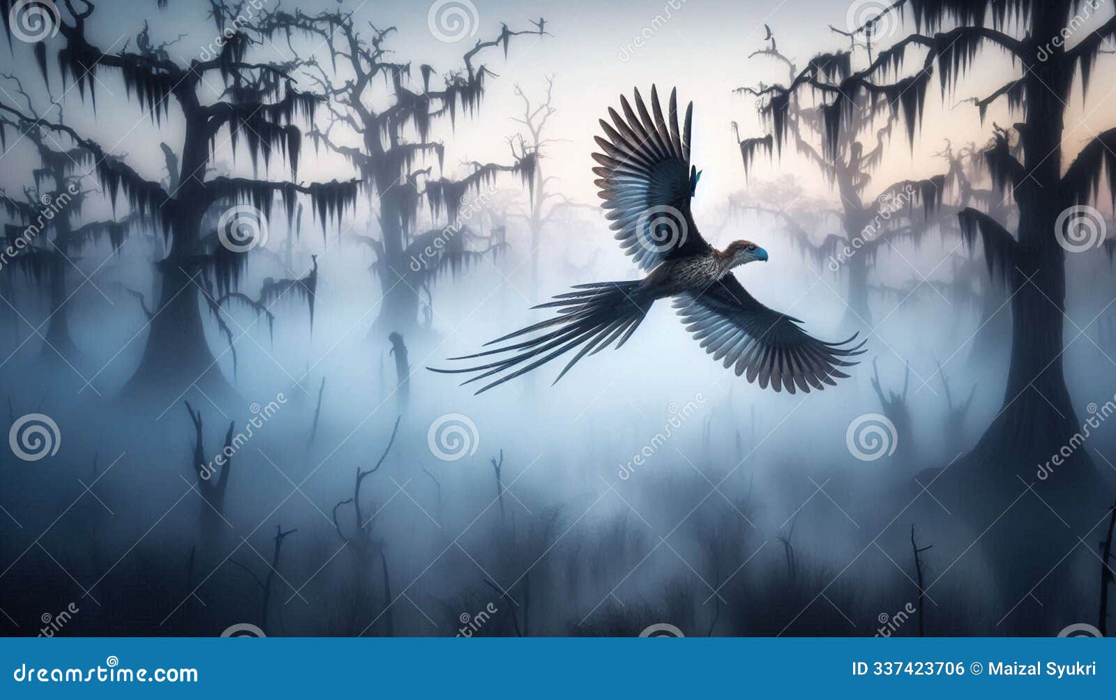 spectacular microraptor soaring through misty prehistoric swamps at dawn