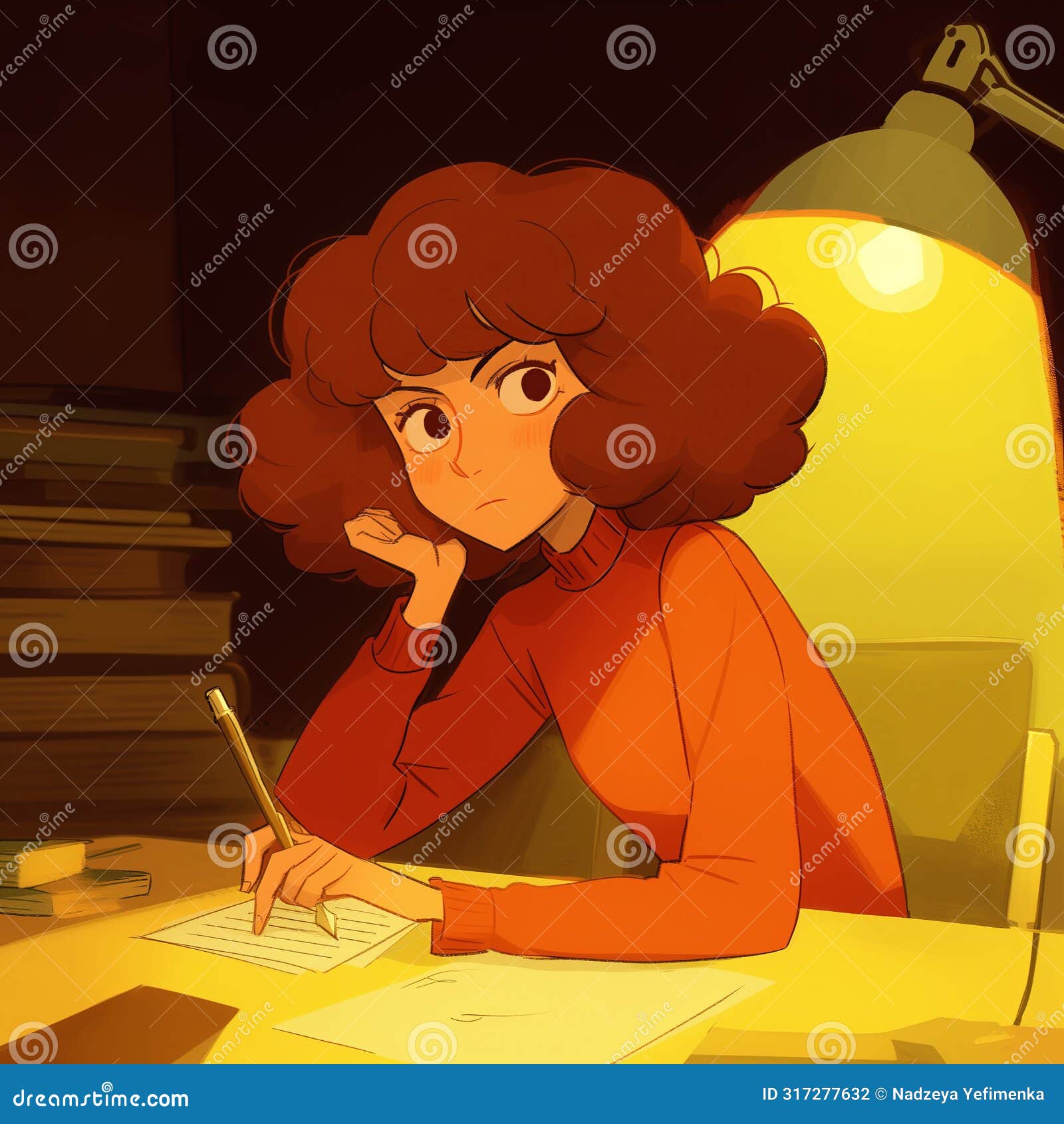 animated young woman curly hair focused on writing warmly lit room books
