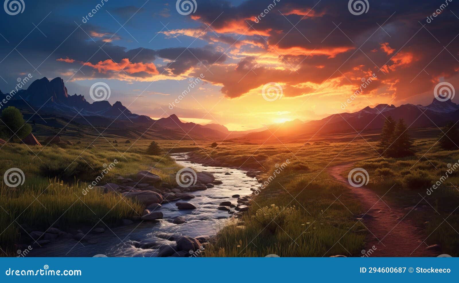 capturing the essence of nature photorealistic wilderness landscape with mountains, river, rainbows, and sunsets