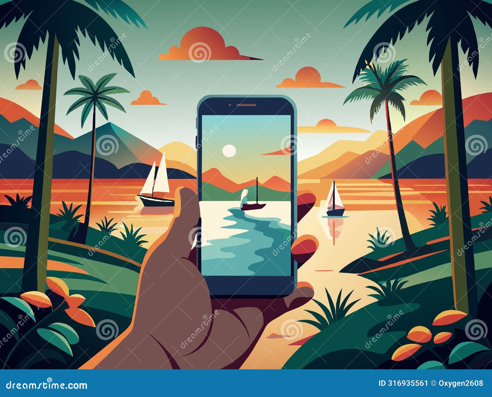 capturing tropical sunset on smartphone: palm trees, mountains and sailing boats 