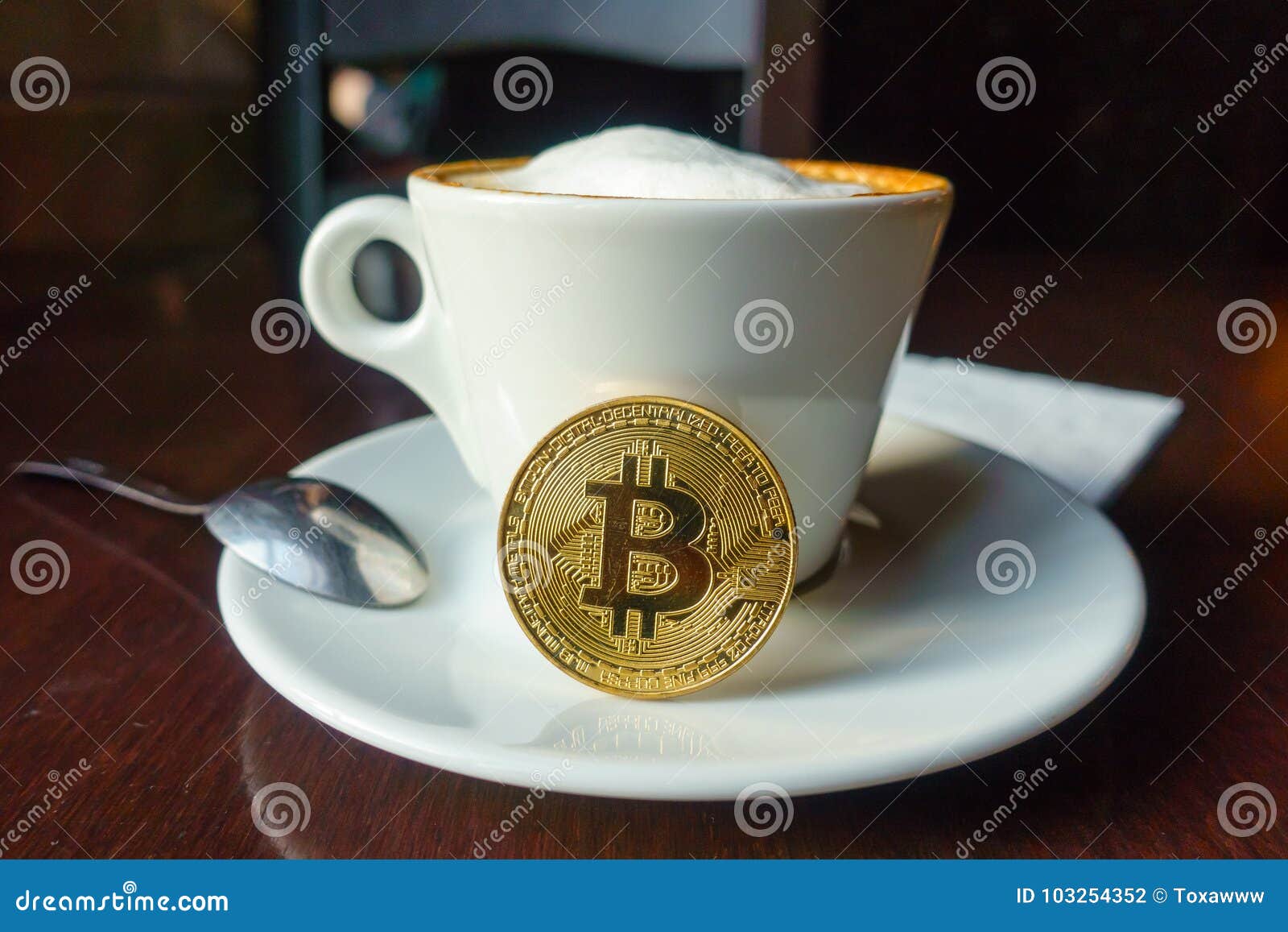Capuccino and Bitcoin Gold Coin on the Table in Cafe Stock Photo - Image of  cake, background: 103254352