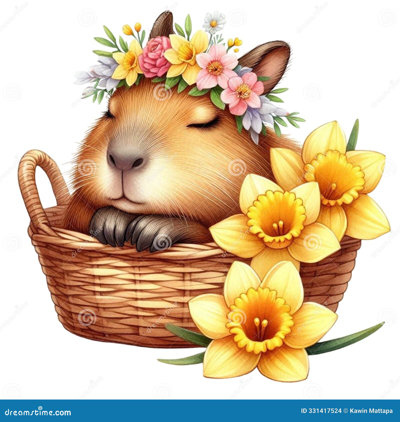 capybara sleeping on a basket of daffodils