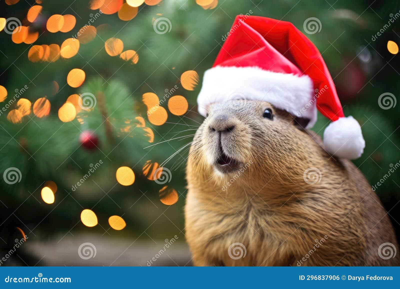Capybara Wearing Santa Hat on Bokeh Backdrop. Stock Photo - Image of ...