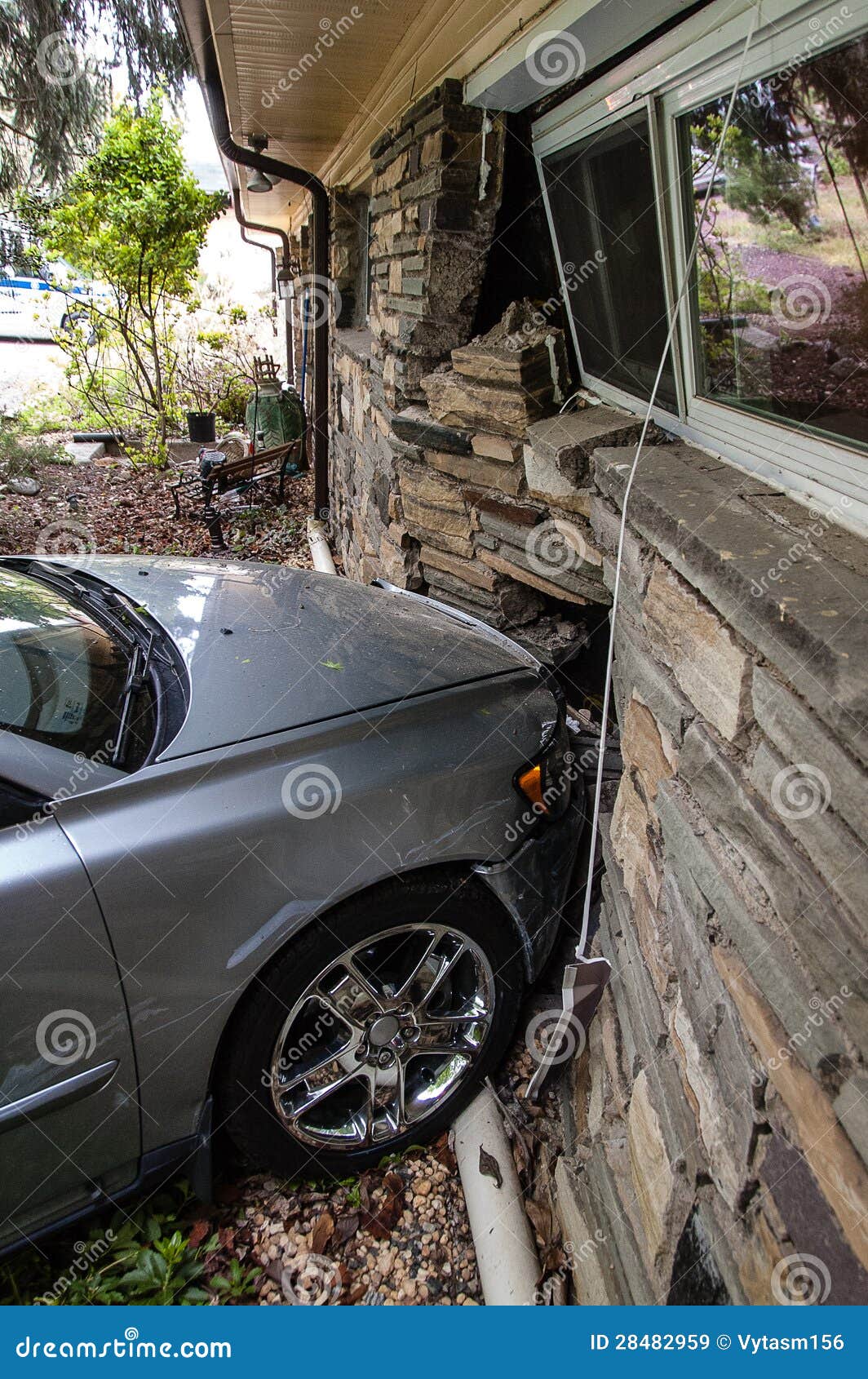 Car Accident into house stock image. Image of volvo, gear 28482959