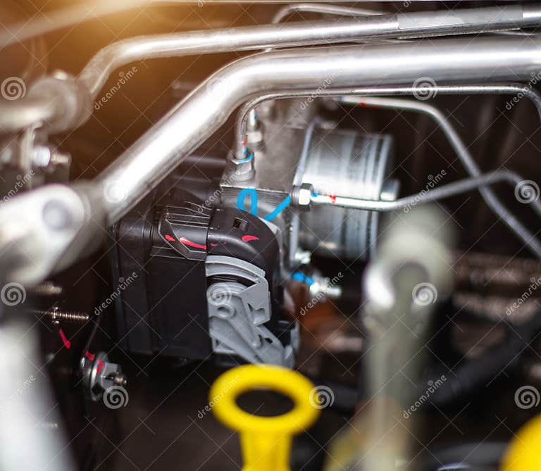 Car Air Conditioning with Freon in the Engine Compartment, Background, System Stock Photo