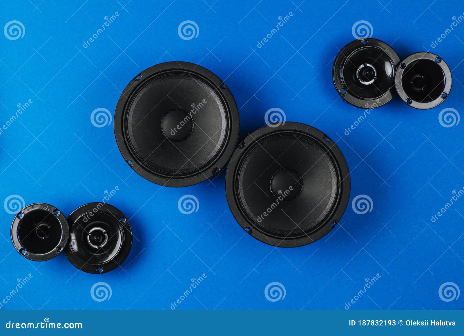 Car Audio, Car Speakers, Black Subwoofer on a Blue Background Stock