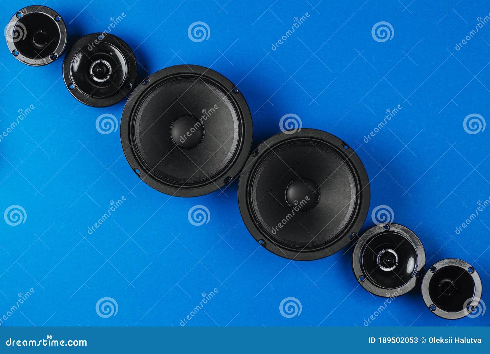 Car Audio, Car Speakers, Black Subwoofer on a Blue Background Stock