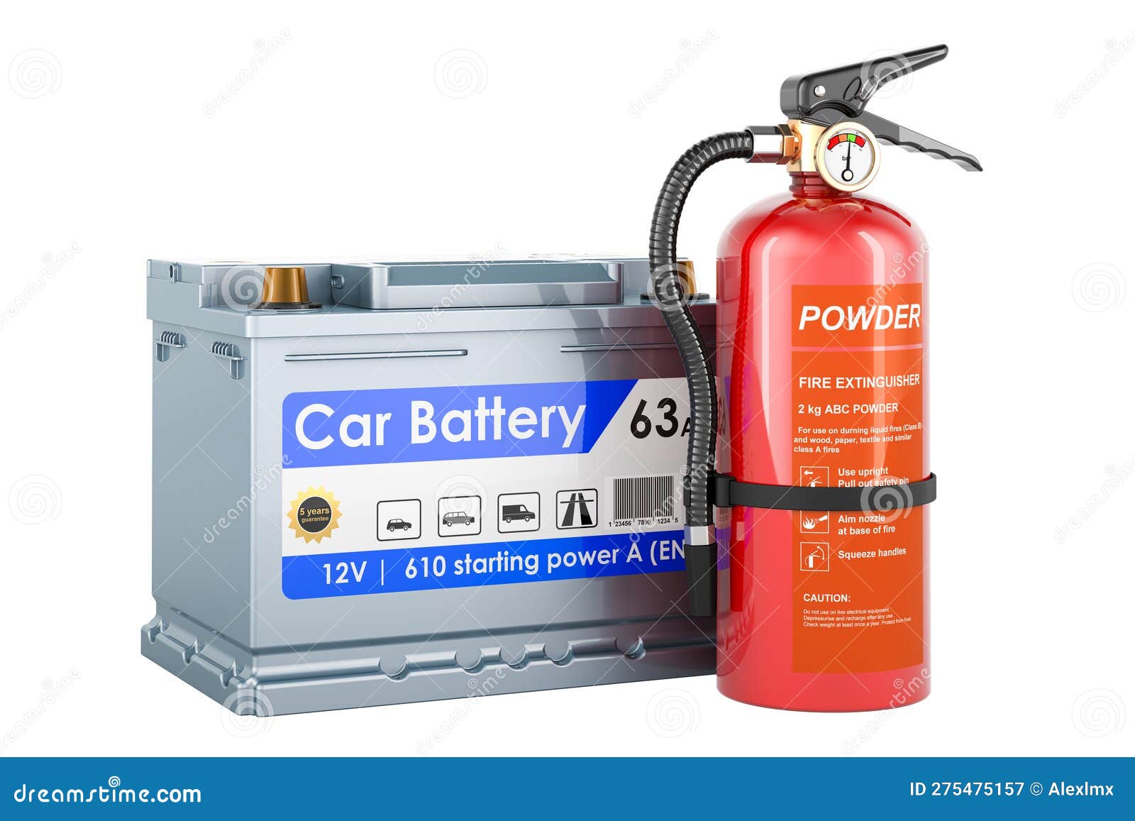 Car Battery with Fire Extinguisher, 3D Rendering Stock Illustration
