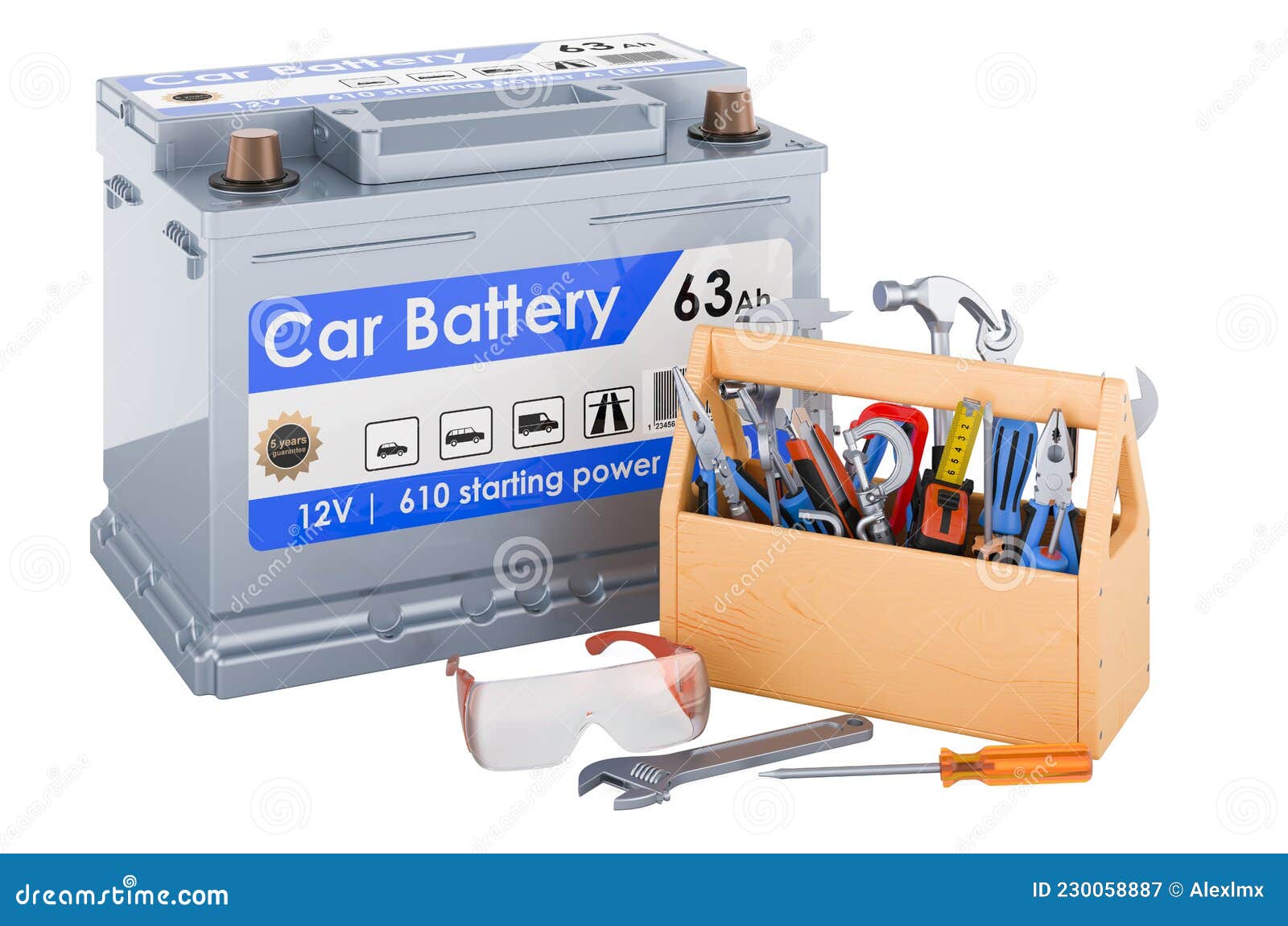 Car Battery with Toolbox. Repair and Service of Car Battery, 3D