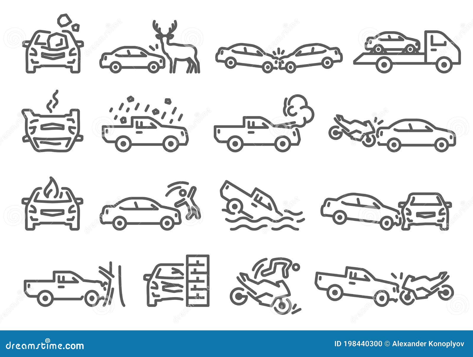 Car, Bike, Vehicle Accident Outline Icons Set Isolated on White. Crash into  Tree, Wall, Animal on Road. Stock Vector - Illustration of icon, design:  198440300