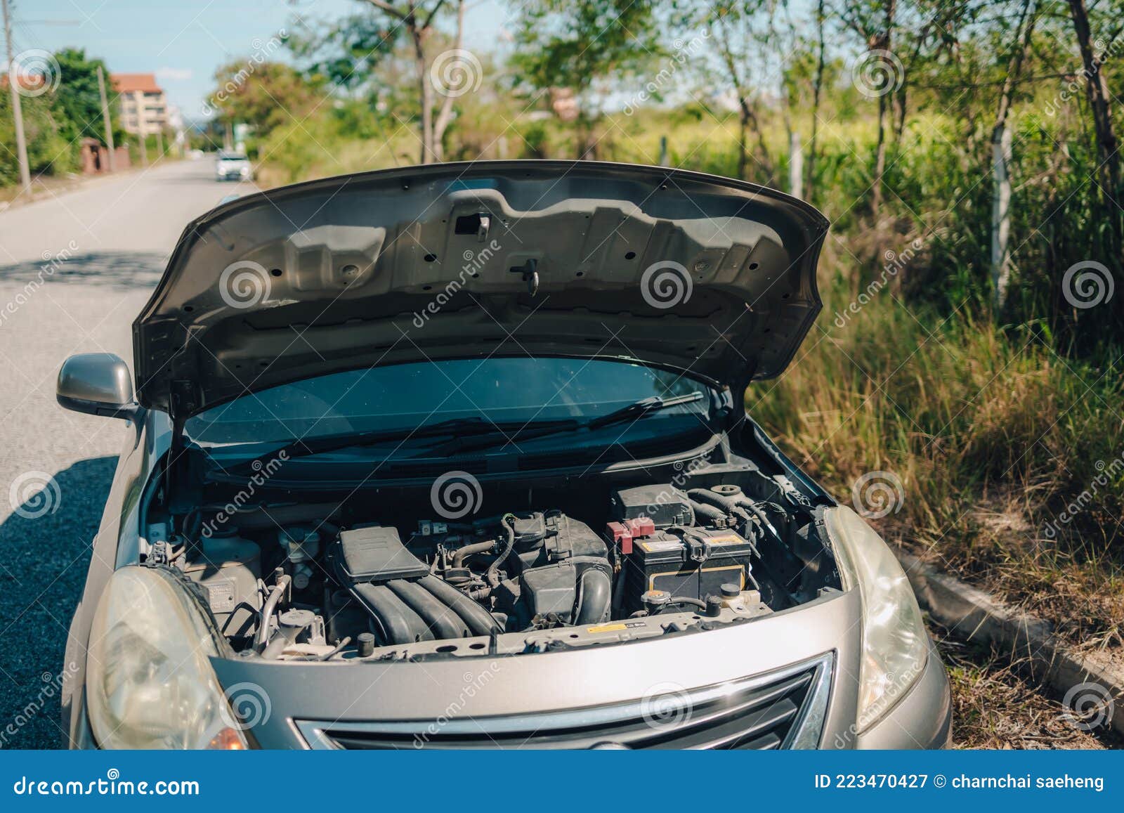 Car Broken, Car Breakdown Open Car Hood, on Roadside Hot Day