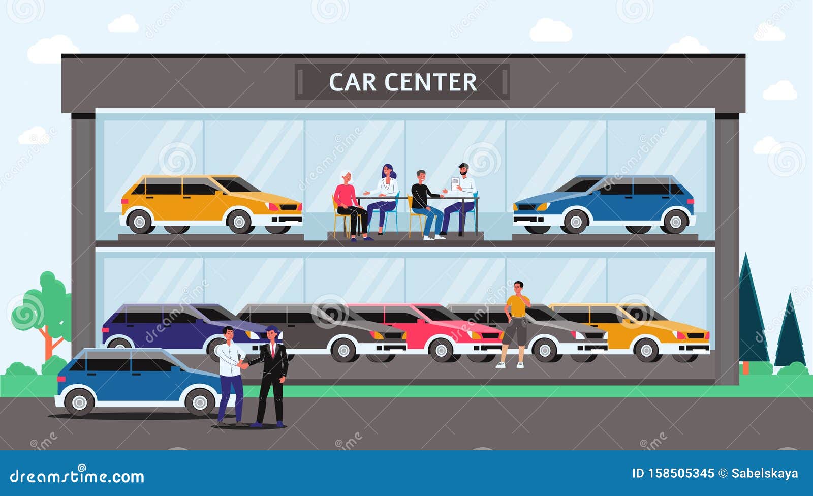 Car Center - Cartoon Glass Building with Colorful Cars and People Inside.  Stock Vector - Illustration of colorful, people: 158505345