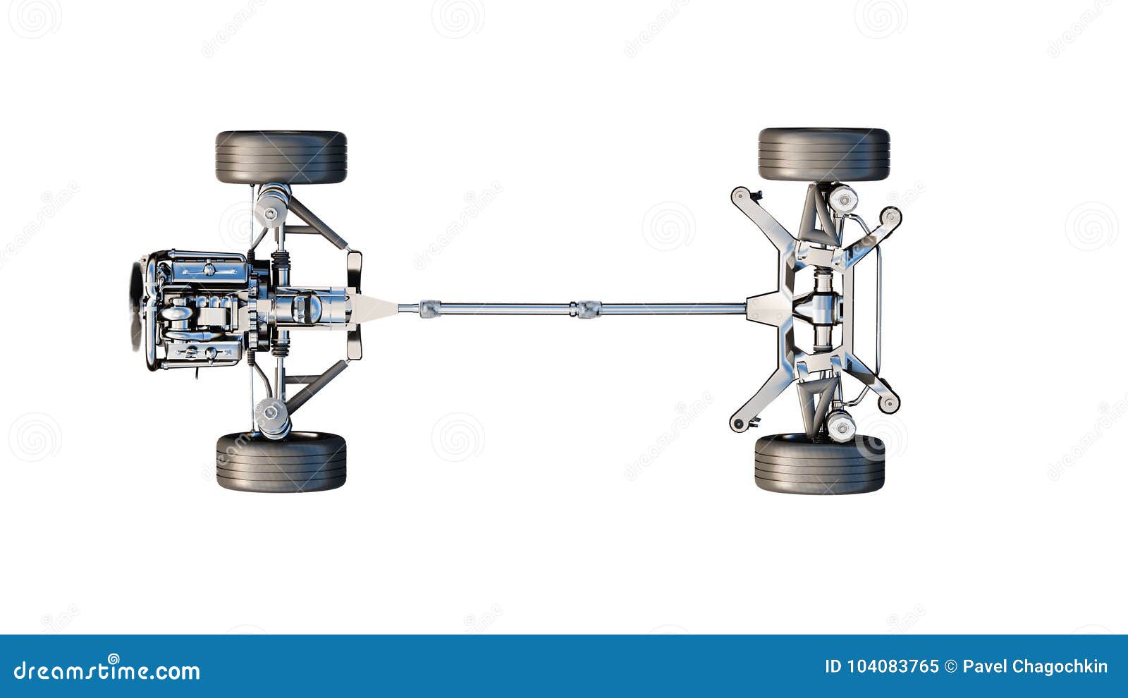 Car Chassis with Engine on White Isolate. 3d Rendering. Stock